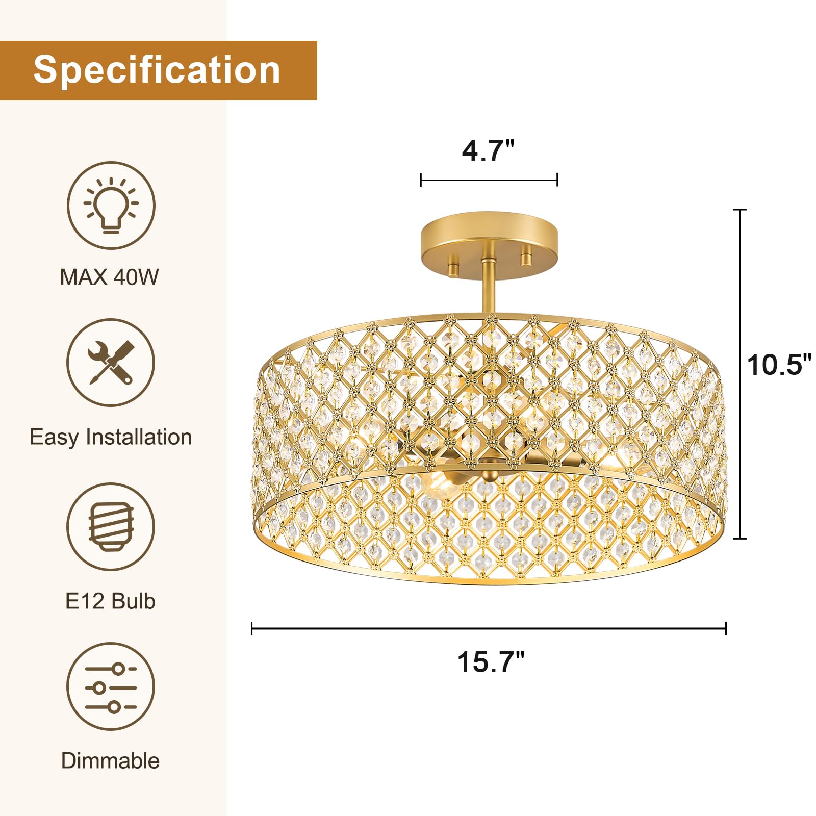 Bzvesr Gold Crystal Ceiling Light Fixture Modern Semi Flush Mount Ceiling Lighting Fixture Round Small Chandelier For Dining Room  Hallway  Entryway  Kitchen  Bedroom Foyer 4 Light 15.7 Inch