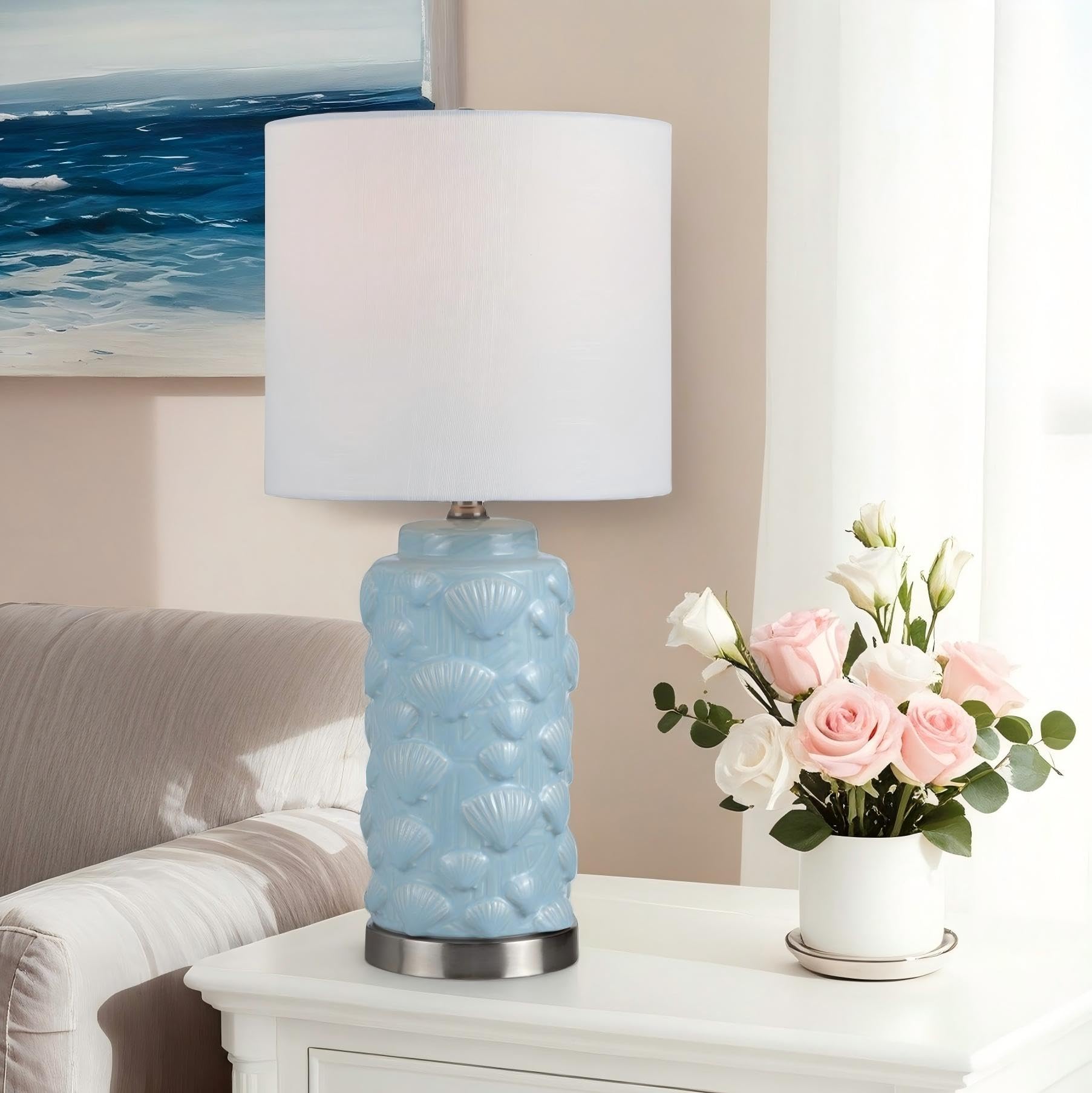 Crestview Collection Ceramic Coastal Table Lamp,23 Blue Seashell Lamp with Linen Shade, Ocean Nautical Home Decor for Nightstand