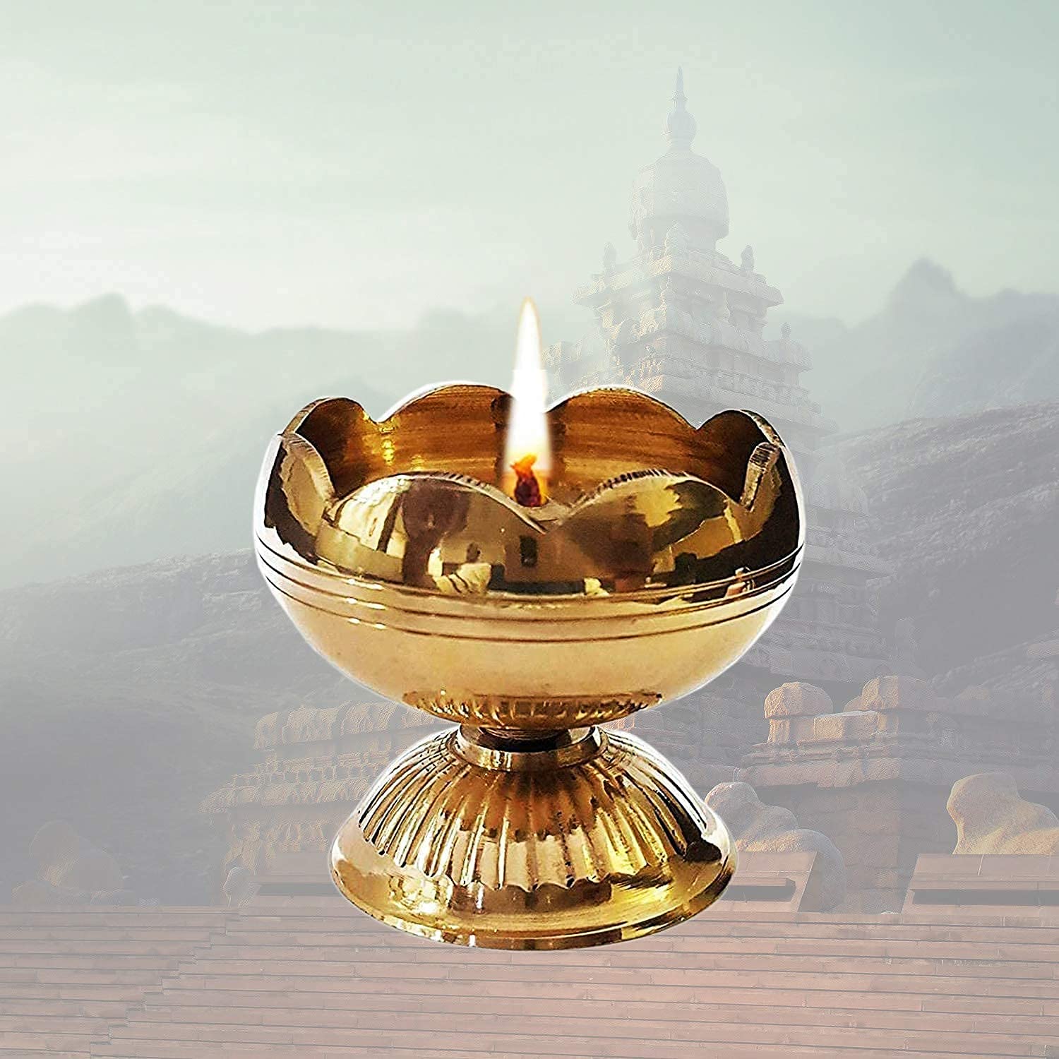 SHRI ANAND Diya Puja Lamp Hindu Pooja Article Diyas Deepak Oil Lamp Pure Brass Flower Design 4CM