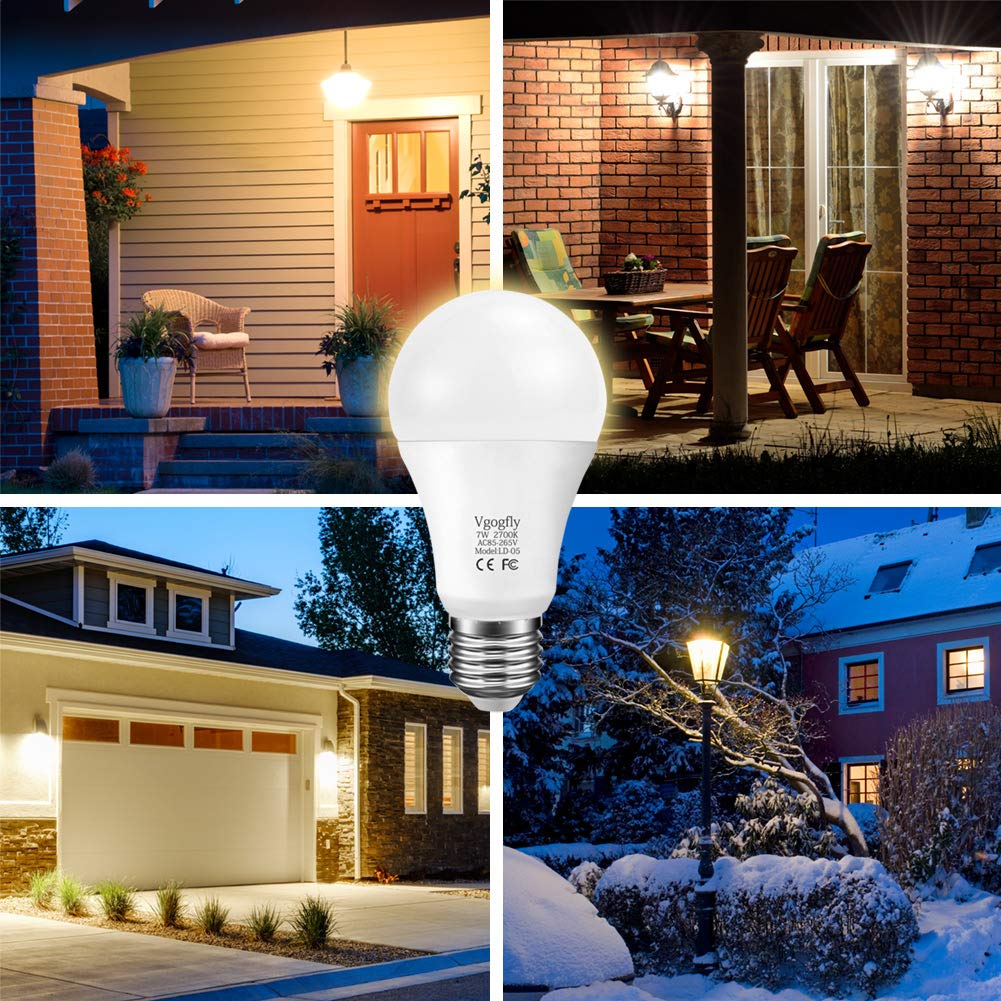 Vgogfly Dusk to Dawn LED Light Bulbs, 7W E26/E27, Warm White, 2 Pack, Automatic On/Off for Indoor/Outdoor Use
