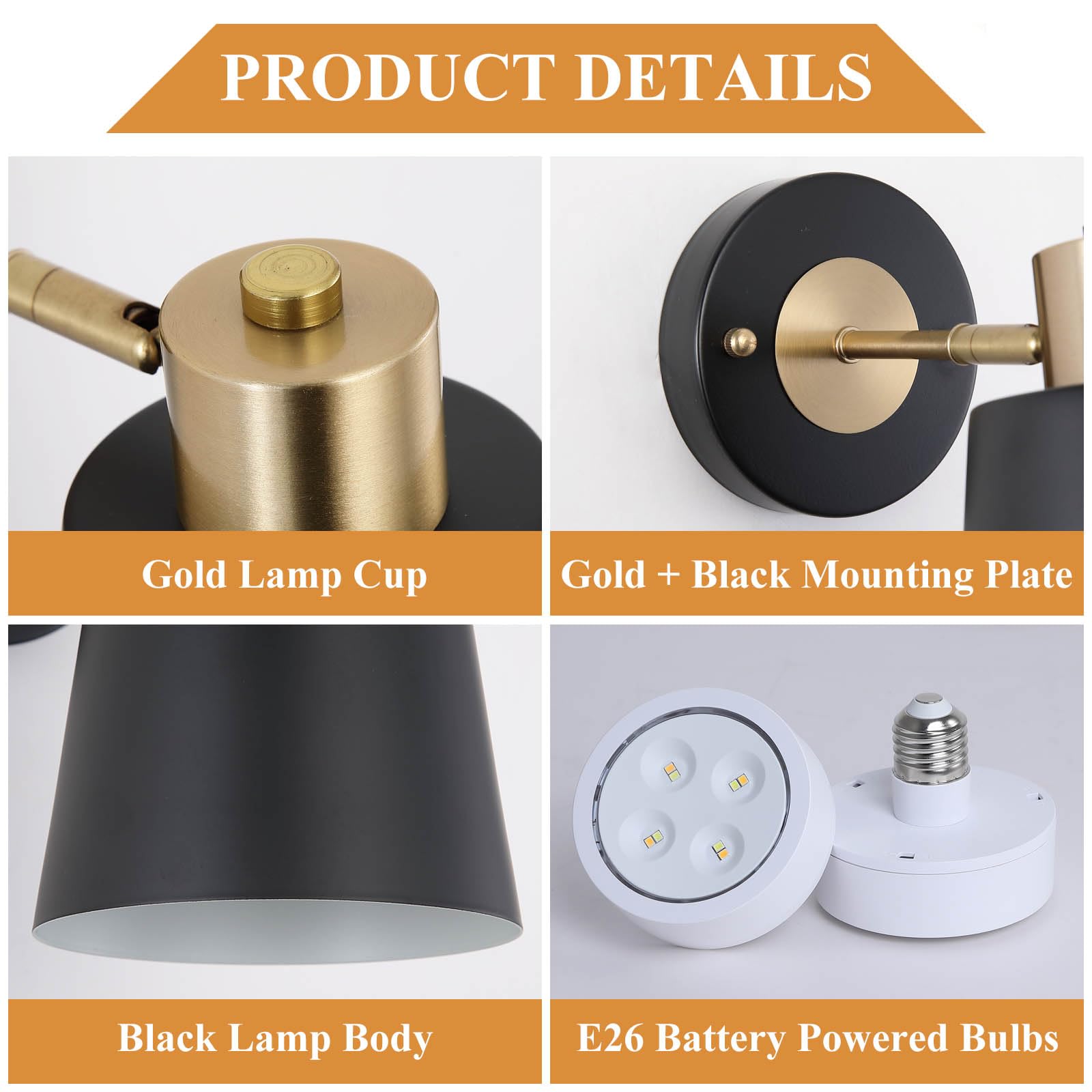 Hotran Battery Operated Wall Sconce Set Of Two, Black And Gold Modern With Remote Control Dimmable Wall Lighting Indoor, Not Har