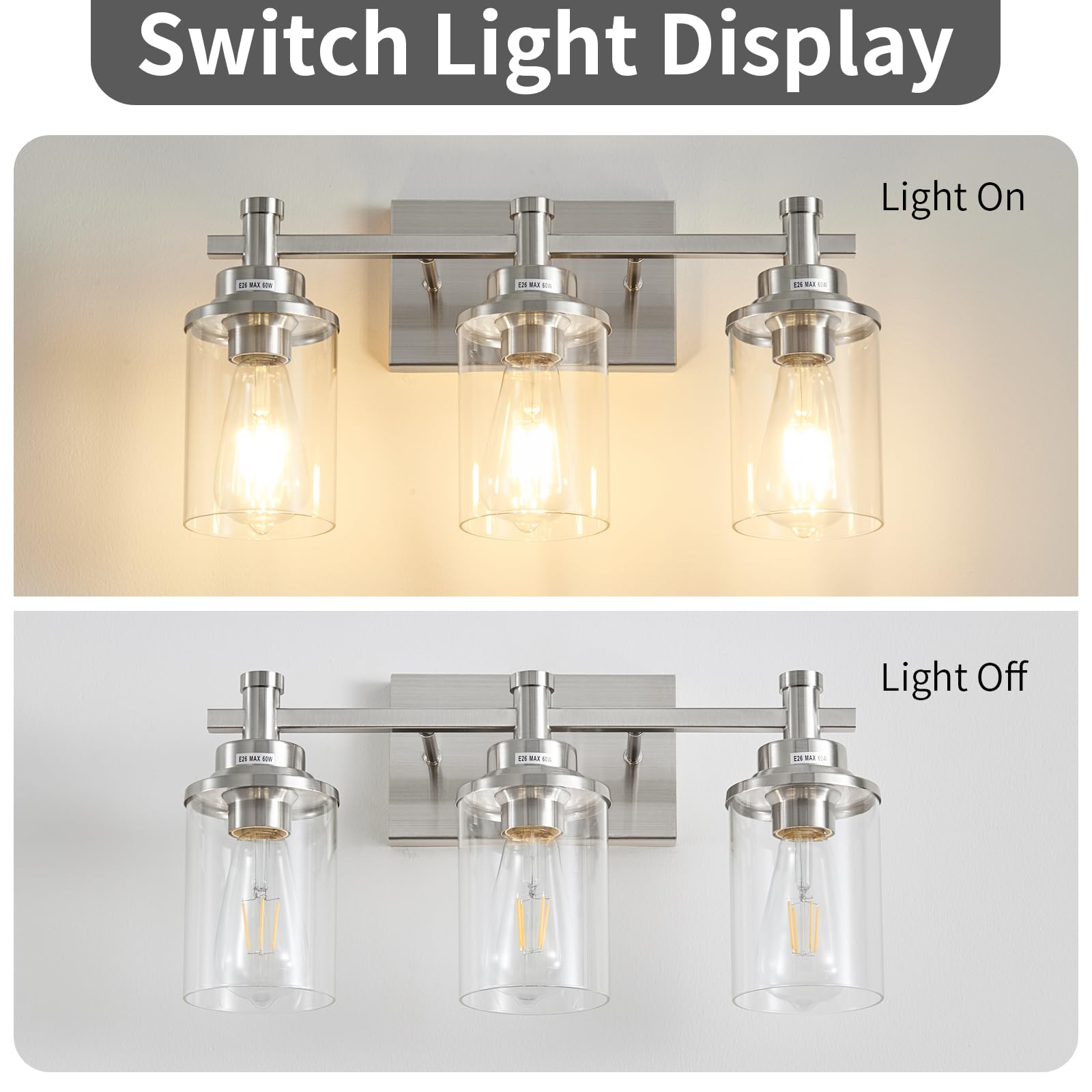 Aixialin Bathroom Light Fixtures Brushed Nickel, 3-Light Vanity Lights With Clear Glass Shade, Modern Bathroom Vanity Light Over