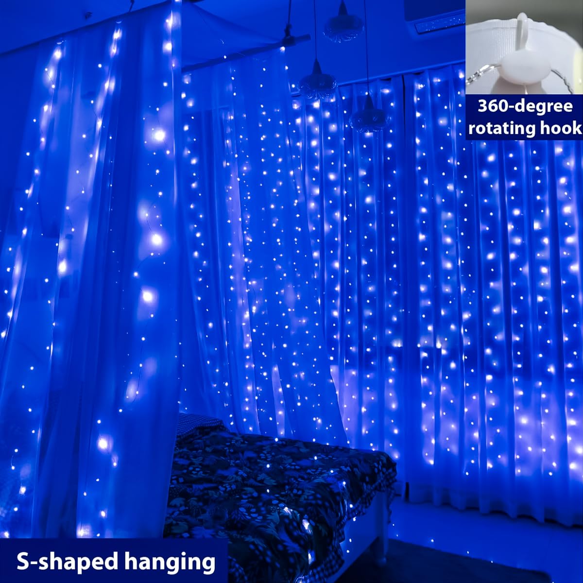 ZSJWL 300 LED Blue Fairy Curtain Lights, 9.8x9.8 Ft, Waterproof USB, Remote Control, Copper Wire for Bedroom, Christmas, Wedding Party