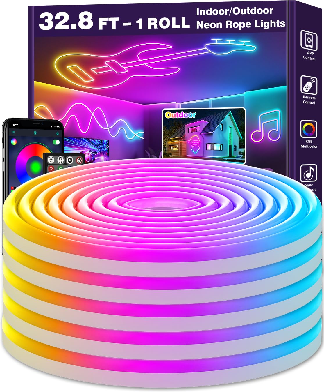 LETIANPAI 32.8FT LED Neon Rope Lights, RGB Silicone, App/Remote Control, IP65 Waterproof, Music Sync for Bedroom Decor