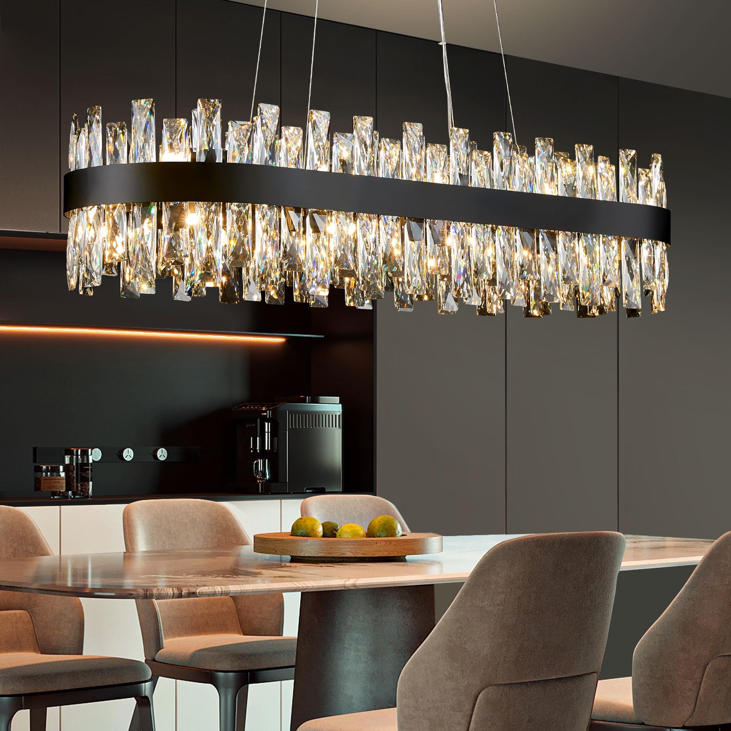 Tmafon Modern Black Crystal Chandelier For Dining Room, Rectangle K9 Crystal Raindrop Chandelier Lights, Contemporary Ceiling Ha