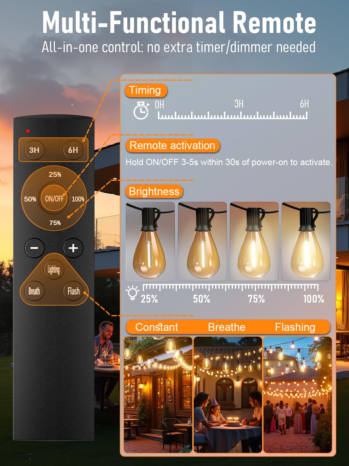 luckystyle LED Outdoor String Lights, 50FT, Warm Yellow-2200K, Waterproof, Dimmable, 16+1 Shatterproof Bulbs, Model S11