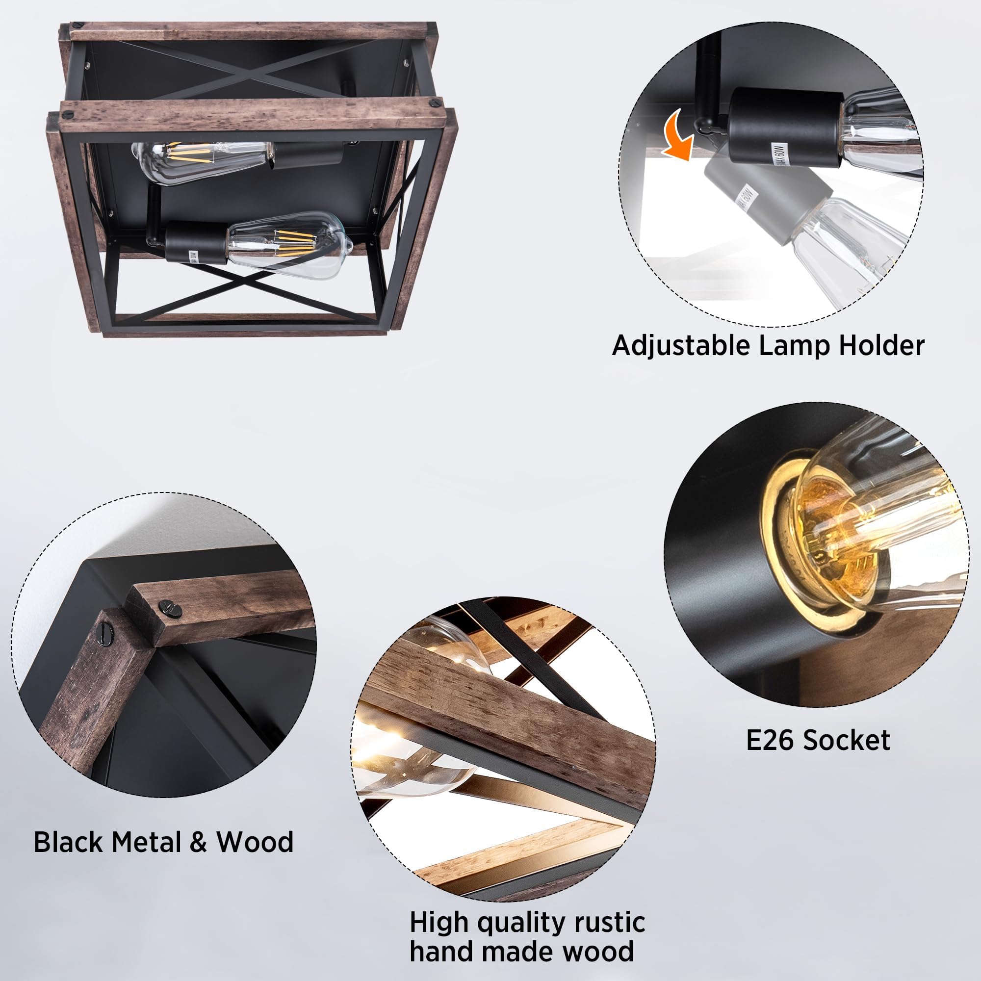 Mayna 2-Light Industrial Ceiling Light Fixtures, Farmhouse Flush Mount Ceiling Light, Metal And Wood Square Dining Room Light Fixture For Hallway Bedroom Balcony Farmhouse,Black