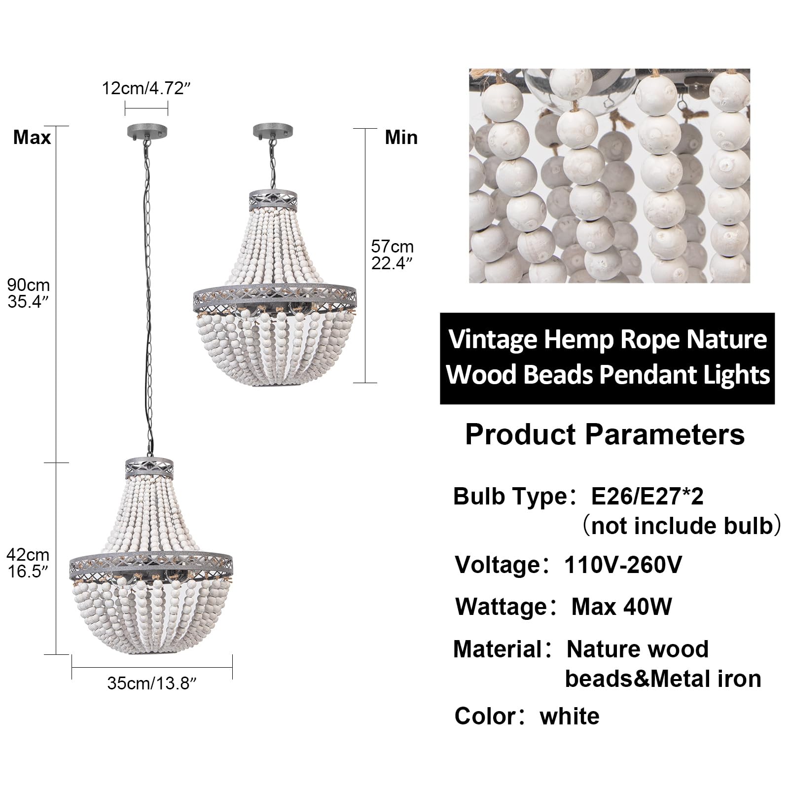 Firvre Wood Beaded Chandelier - Rustic Vintage Boho Light Fixture For Living Room & Kitchen