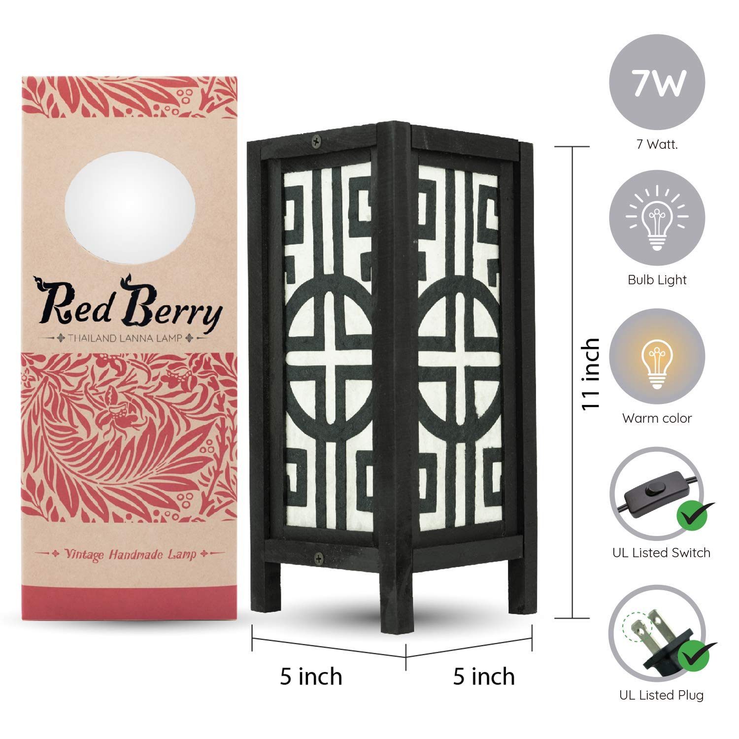Red Berry Thailand Lanna Lamp - Japanese Style Bedside Lamp, White Bamboo for Bedroom, Desk, Living Room