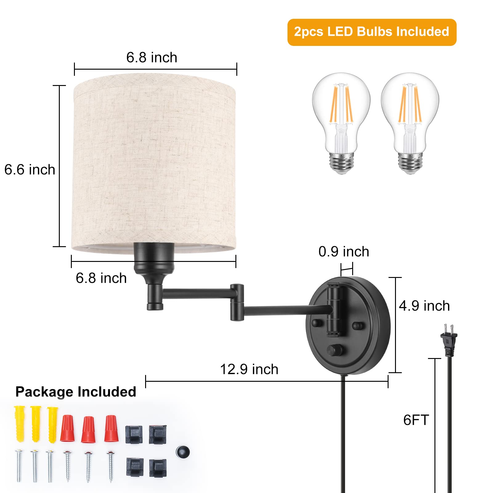 GOODATE Dimmable Plug-in Wall Sconces Set of 2, Linen Fabric Shade, Swing Arm Lamp, Model BZ-2PACK