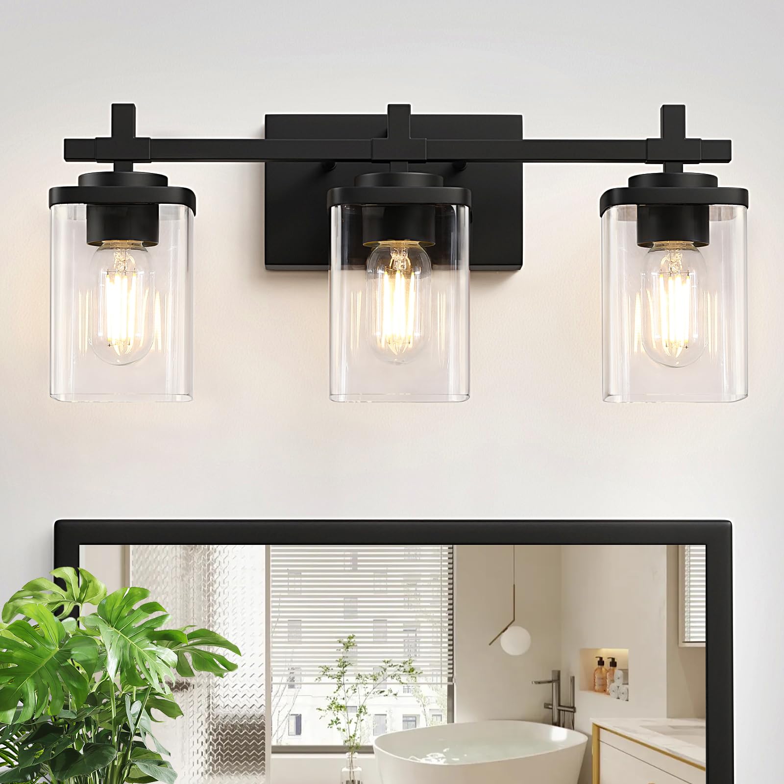 Spiglamm 3-Lights Bathroom Vanity Light Fixtures, Modern Black Vanity Lights Over Mirror With Clear Glass Shade For Bathroom, Wa