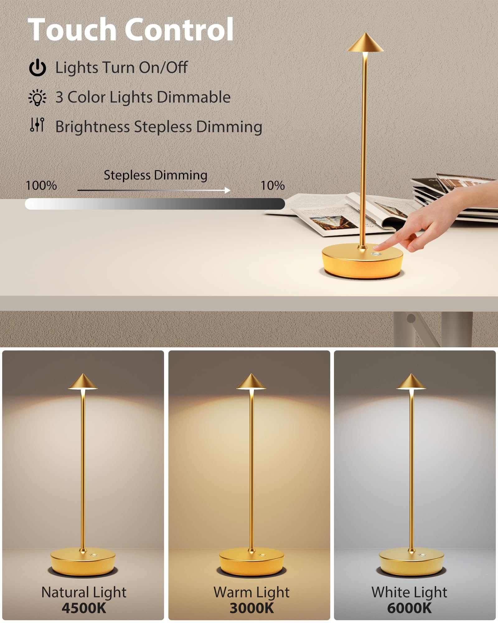 Shangcai Cordless Table Lamps Rechargeable  6000Mah Battery Operated Led Desk Lamp Outdoor Waterproof Portable Touch Dimmable Table Night Light For Patio Restaurant Dining Home Gold
