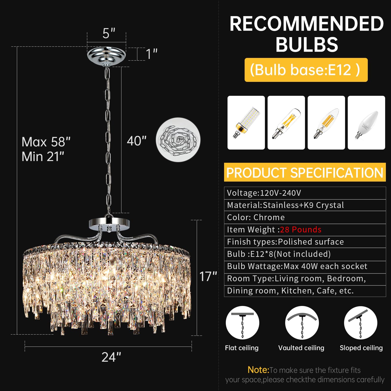 NISIDUN 24" Luxury Crystal Chandelier, 8-Light Chrome Pendant Lighting for Dining Room, Living Room, Bedroom, Model G60250312