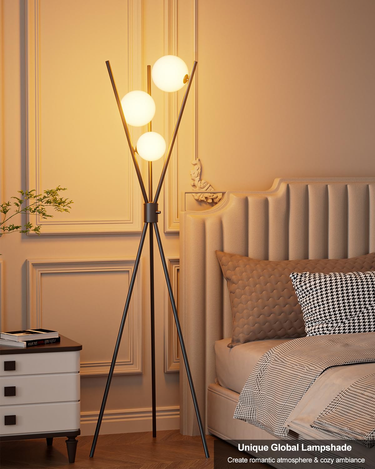 Lightdot Dimmable Black Tripod Floor Lamp, 3 Globe 3000K Bulbs, Modern Mid Century Design