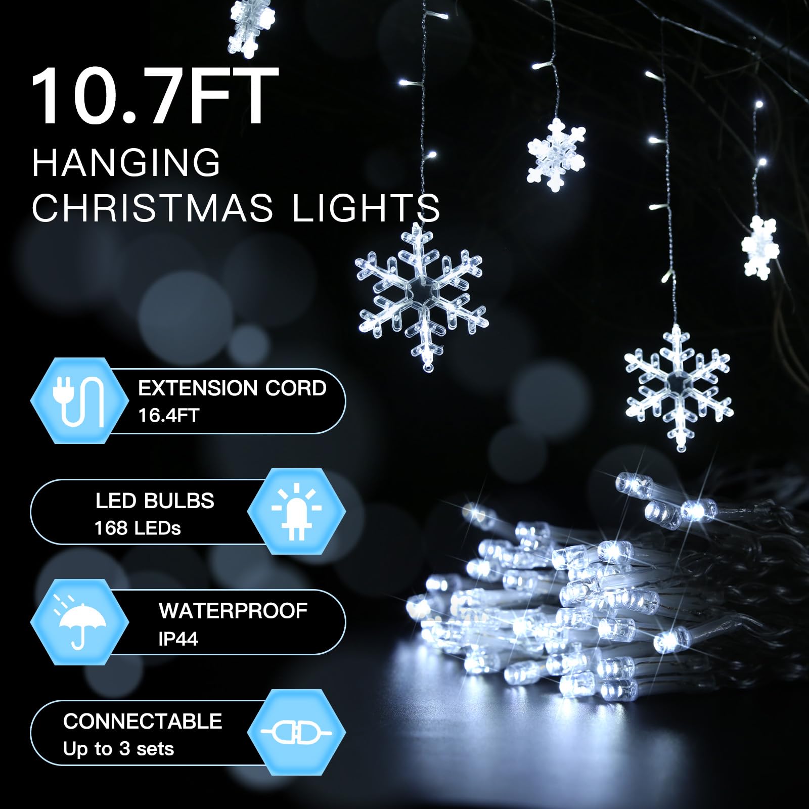 suddus Christmas Snowflake Lights Outdoor, 10.7ft 168 LED Connectable Holiday String Lights Plug in with 14 Drops, Hanging Icicl