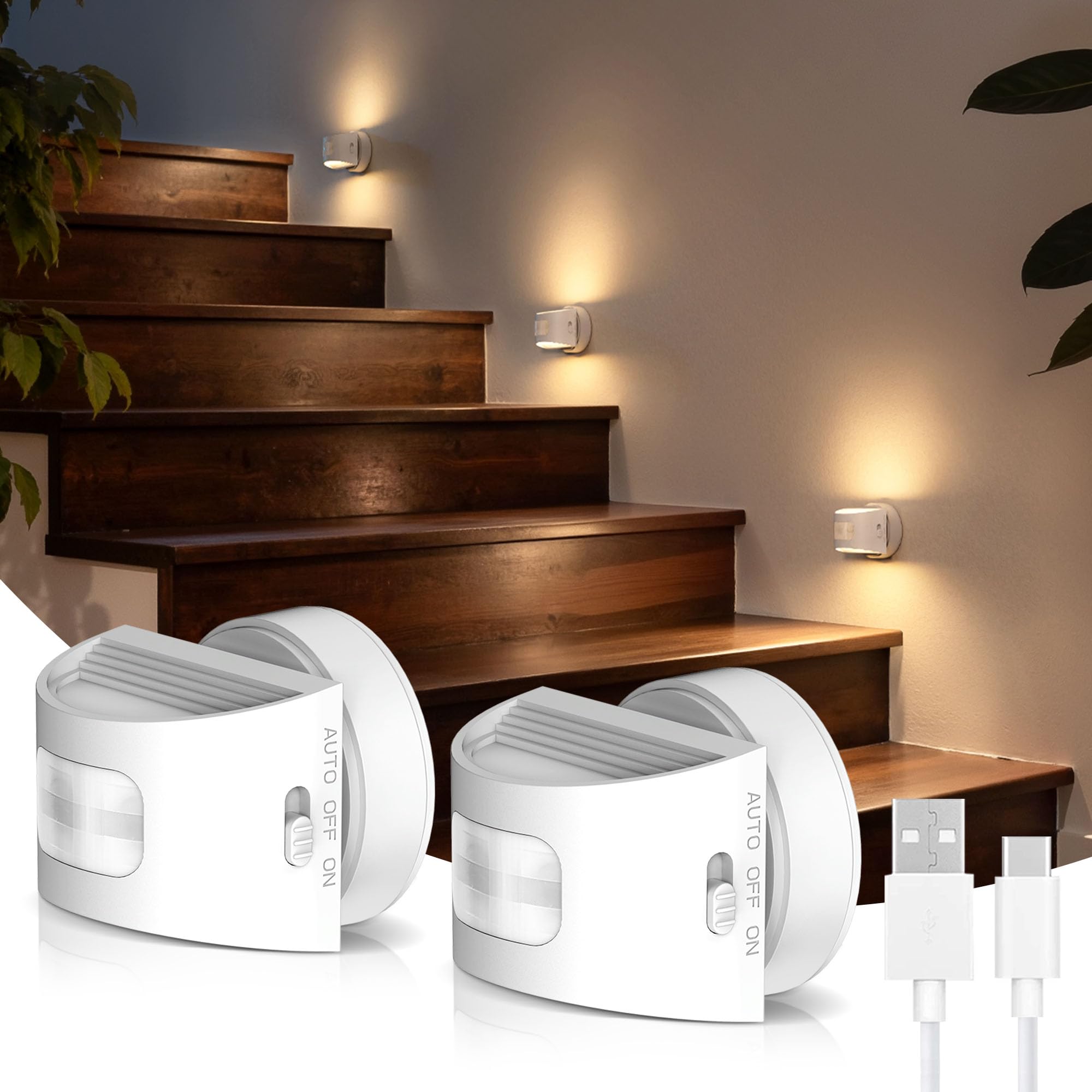 L LOHAS LED Motion Sensor Night Light, Rechargeable Stair Lights Indoor, Portable Warm White Motion Sensor Light Indoor, Battery
