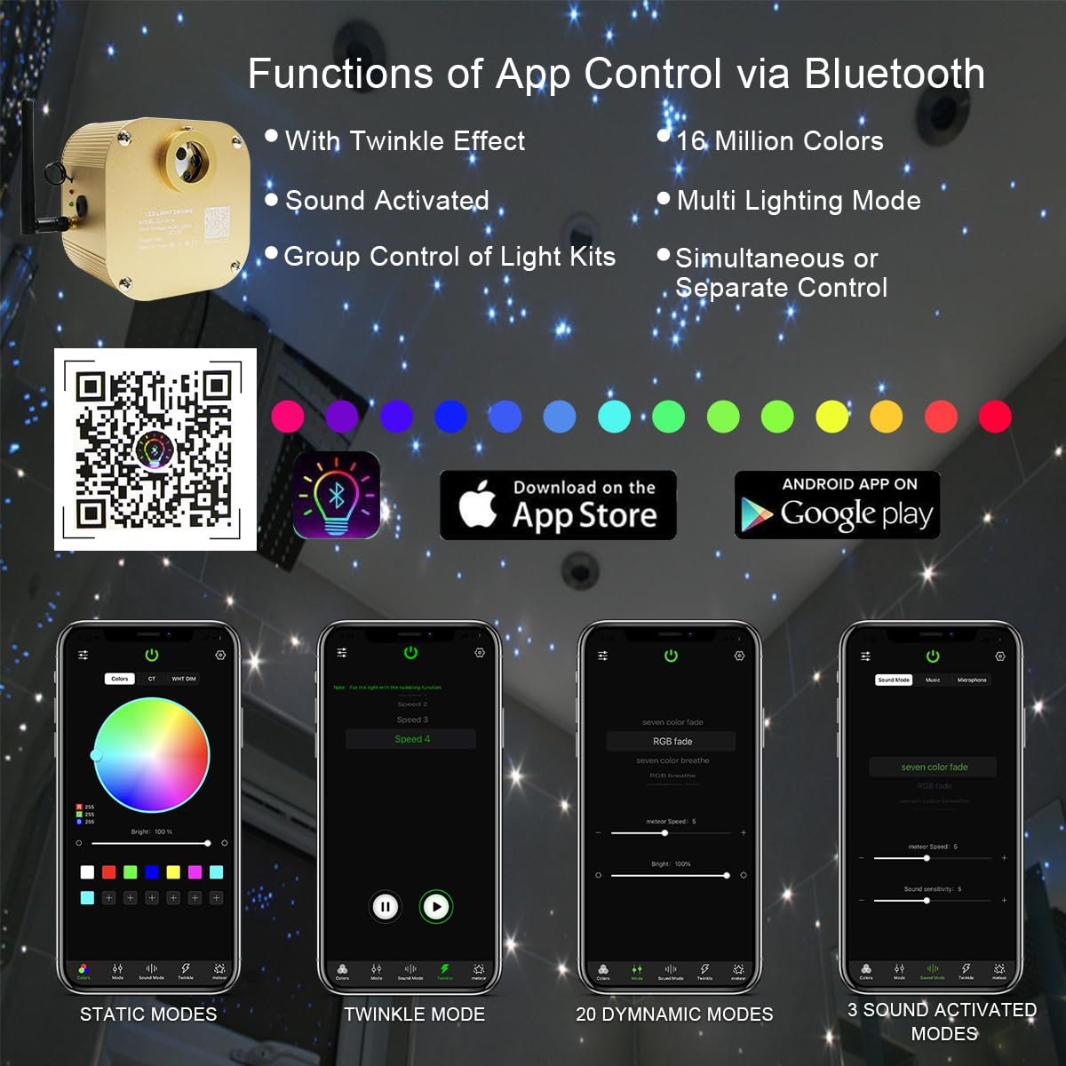 AKEPO 16W Twinkle Fiber Optic Light Engine, Bluetooth Control, Music Activated, Gold, Model QJ-L016