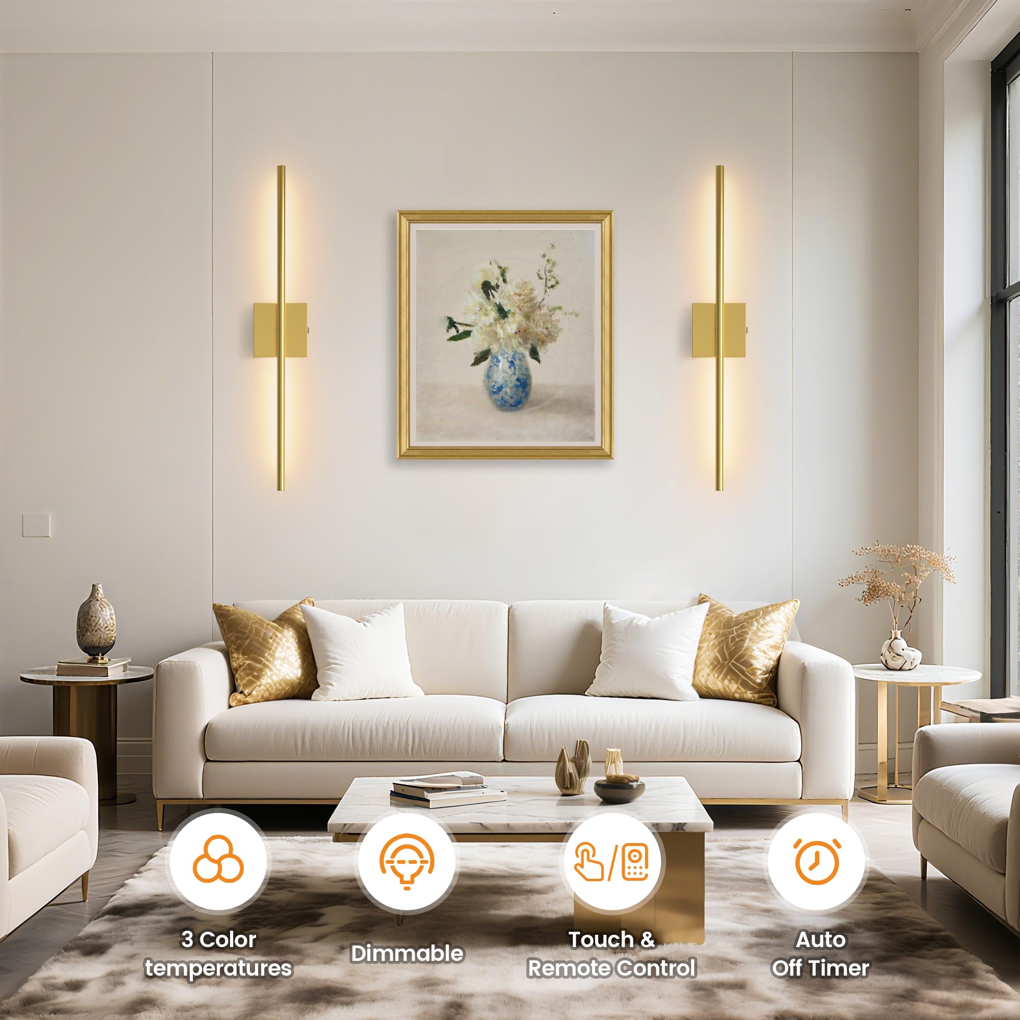 VOLISUN Battery Operated Wall Sconce Set of Two, Gold Rechargeable Wall Lights with Remote Control, 3000K-6500K Dimmable Wall La