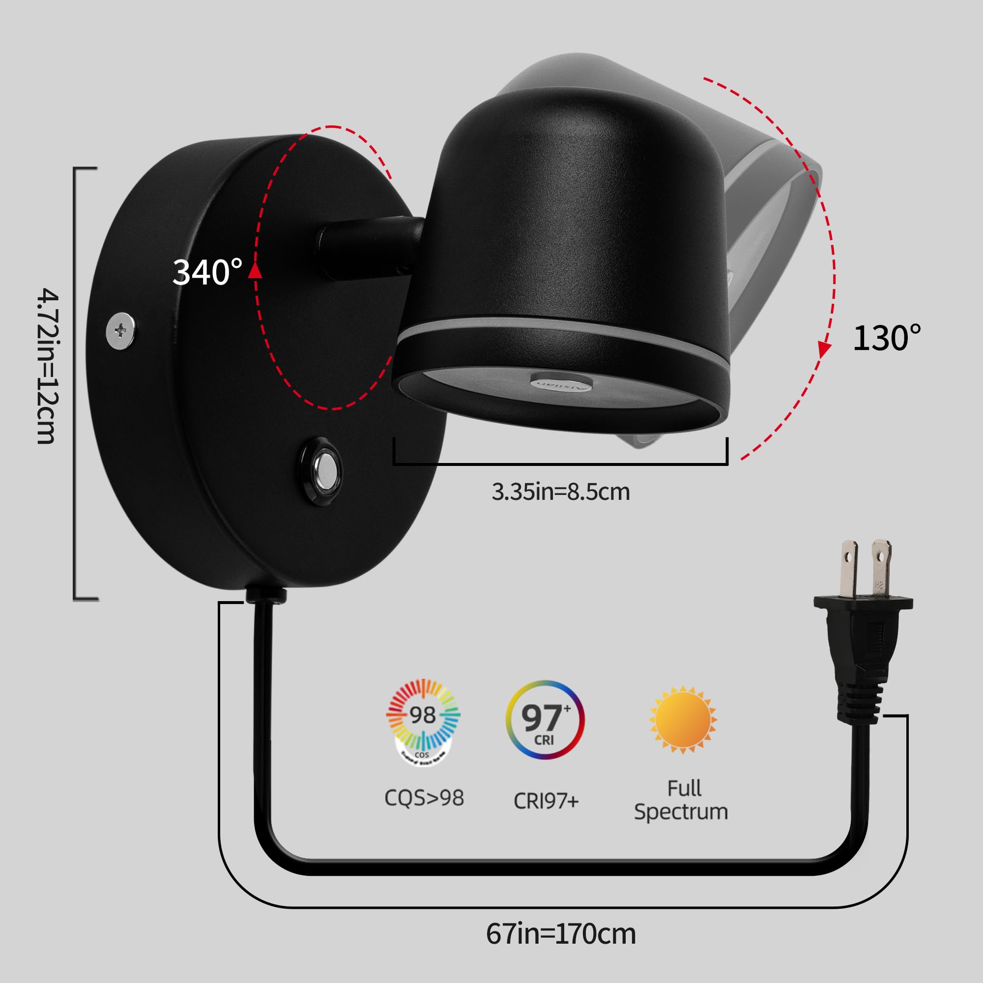 Aisilan Plug In Wall Sconce With On Off Switch, Led Wall Mounted Lights For Bedroom, 7W Dimmable Black Sconces Wall Lighting, Ad