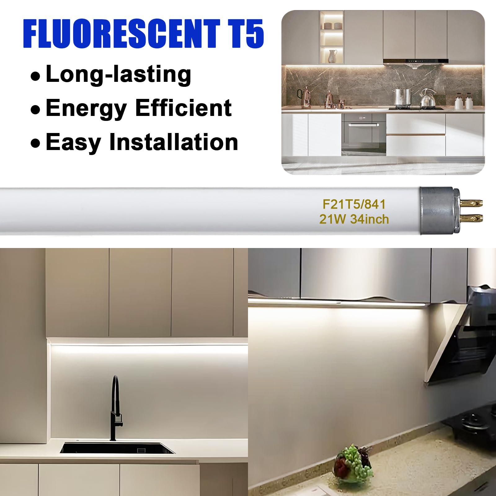 amgolibi F21T5/841 Fluorescent Tube 21W 2000 Lumens 4100K Cool White 34 inch Glass Light Bulb 6 Pack