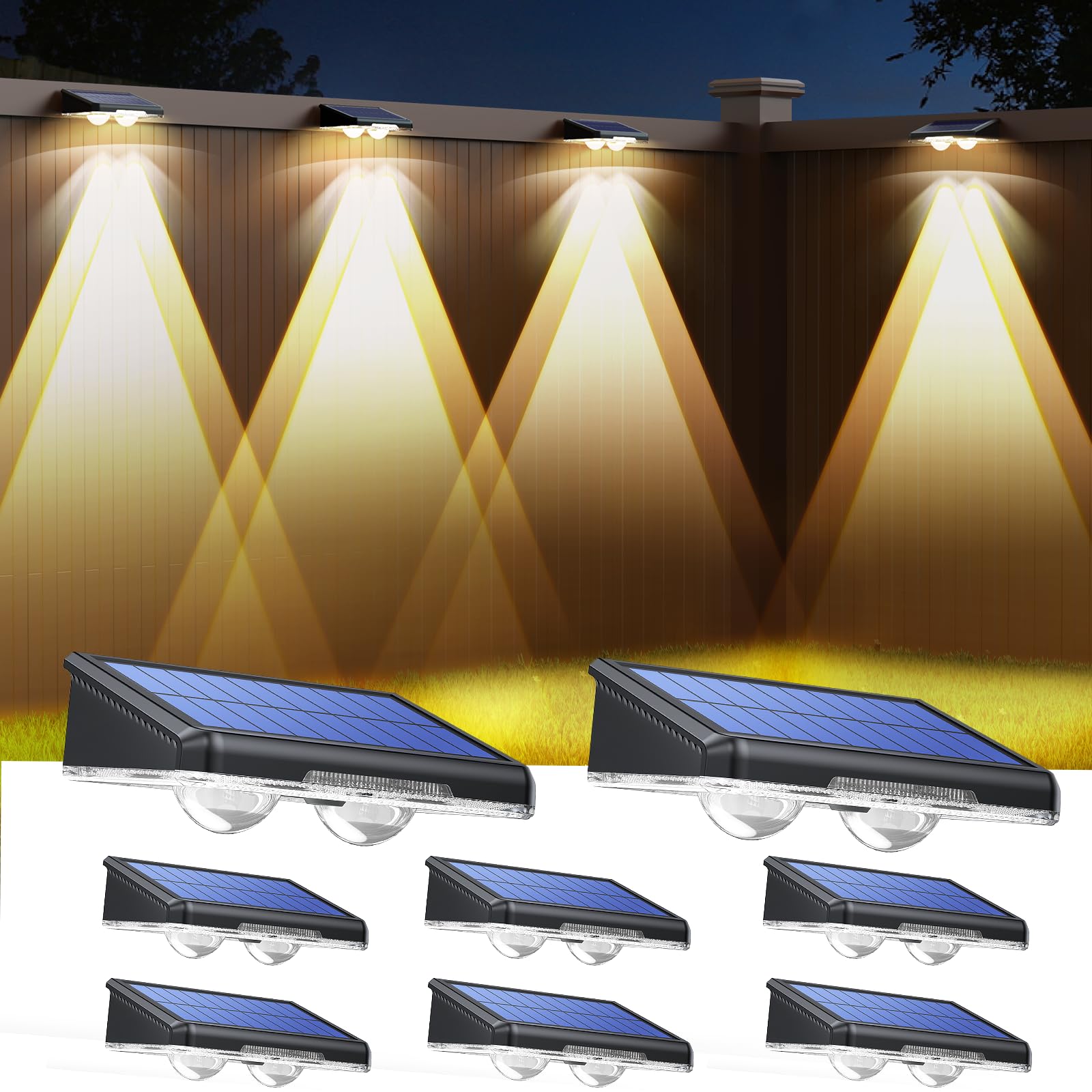 TECKNET Solar Fence Lights Outdoor 8 Pack  3 Modes 3500K/4500K/6500K  IP66 Waterproof LED Deck Light  Dusk to Dawn Fence Lights Solar for Wall  Railing  Step  Patio  Pool  Backyard  Outside
