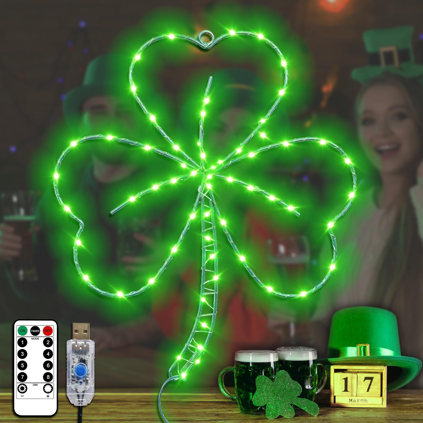 St Patricks Day Decorations Accessories,Irish Shamrock LED Window Lights,13.2IN 58LED Green Iron Frame Silhouette Lights, USB Po