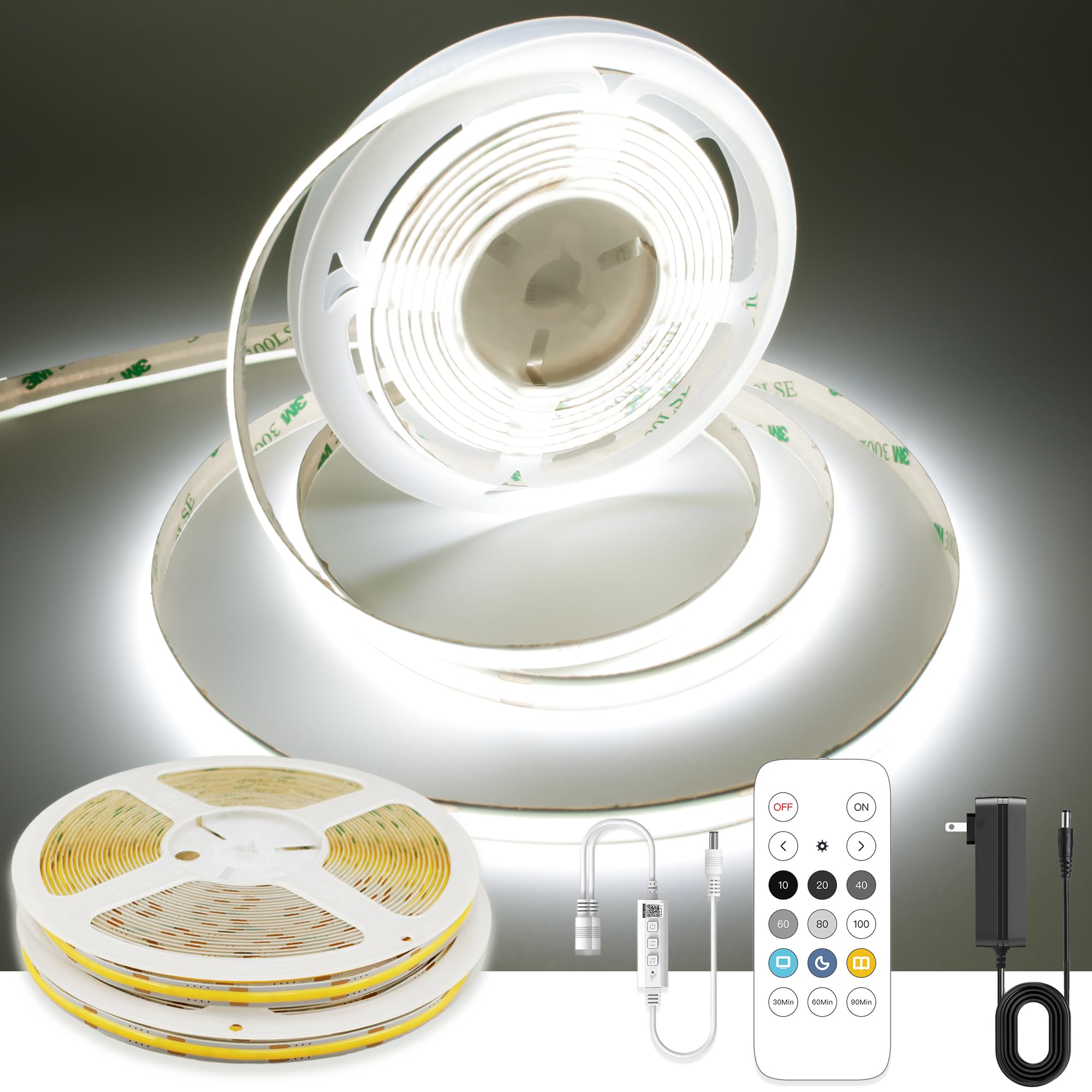 AXMOTUT 32.8ft White COB LED Strip Light, High Bright LED Strips with 320LEDs, RF Remote and UL Power Supply, 6000K Dimmable LED