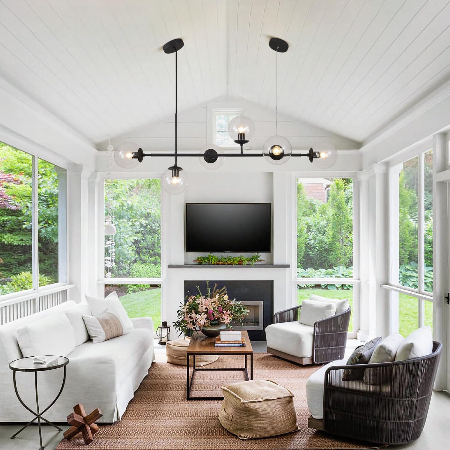 KCO 6-Light Clear Glass Globe Pendant Light Mid Century Modern Chandelier Black+Clear Linear Kitchen Island Lighting