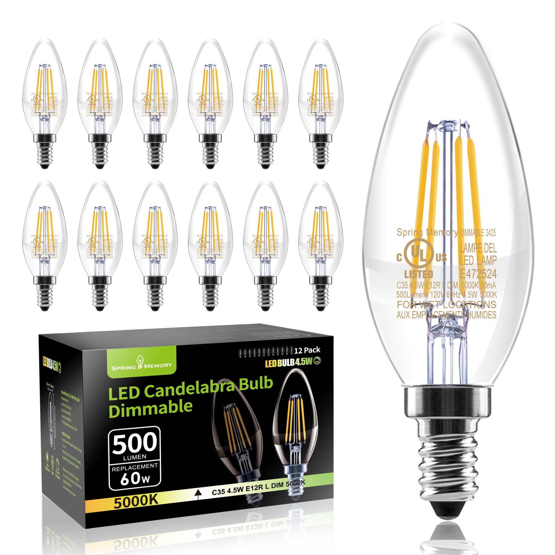 Spring Memory 12 Pack E12 Dimmable 60W Equivalent LED Chandelier Light Bulbs, 4.5W Clear 5000K Daylight White 500LM B11 Vintage 