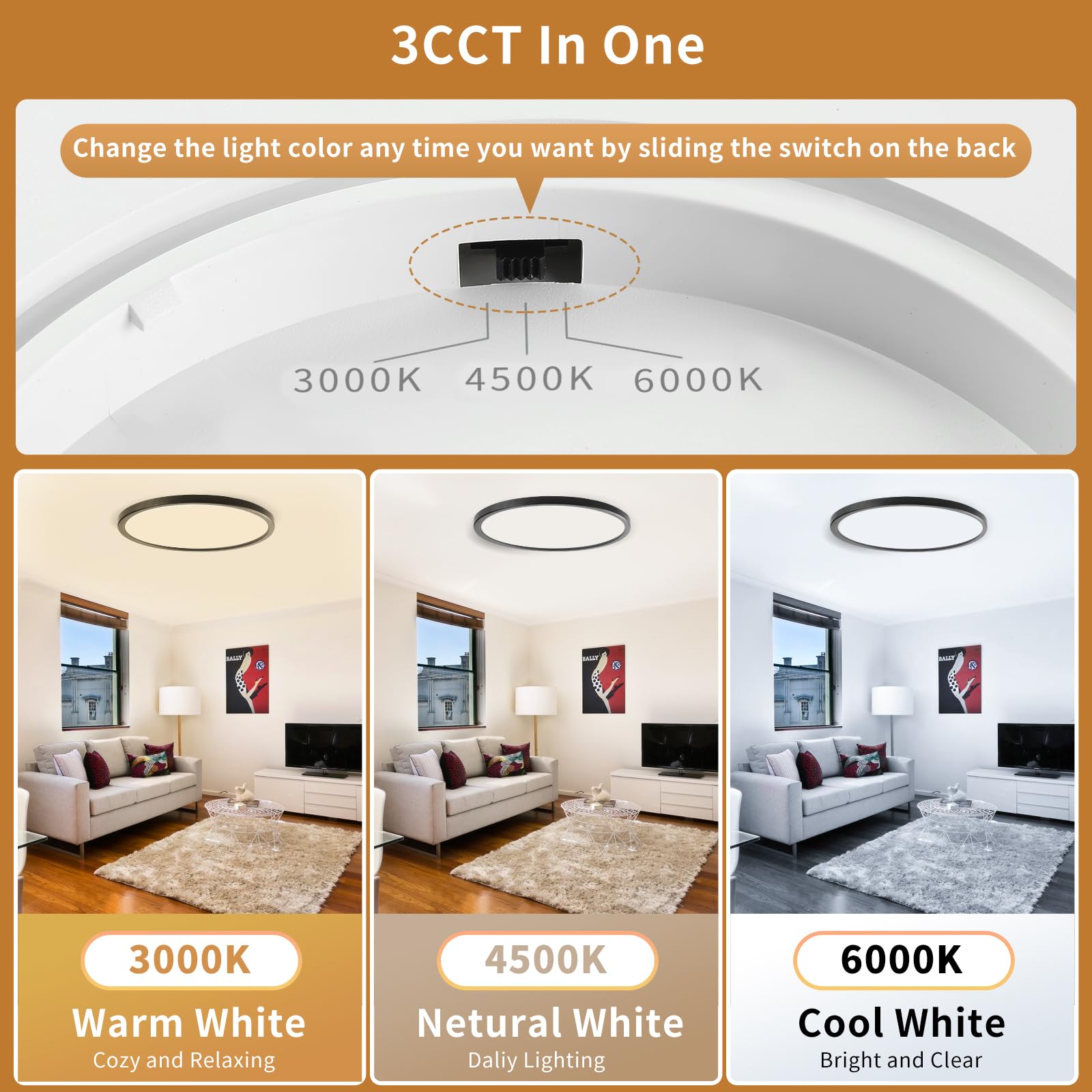 Led Flush Mount Ceiling Lights Dimmable 12Inch 3200Lm 24Watt, 3000K 4500K 6000K, Low Profile Surface Mount Slim Light Fixtures B