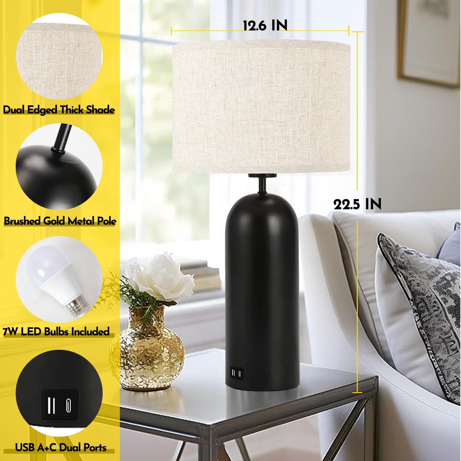 Table Lamps Set Of 2 Touch Control Black&Cream Table Lamps 3-Way Dimmable Lamps With Usb A+C Ports Modern End Table Lamps For Li