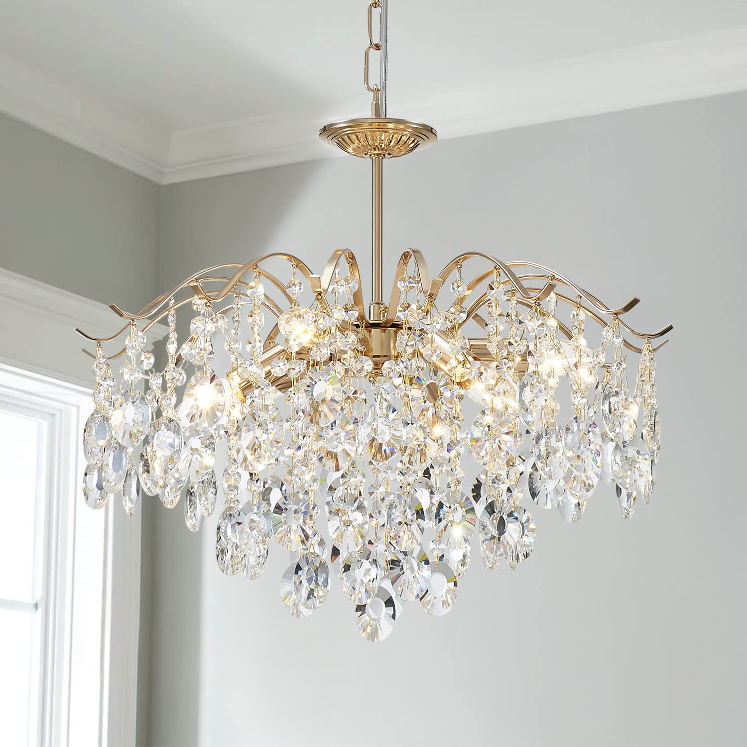 SM Saint Mossi 5-Light Gold Crystal Chandelier, Modern Pendant Light, D20 x H17, Adjustable Chains, Alloy Steel, Shinny Copper Finish