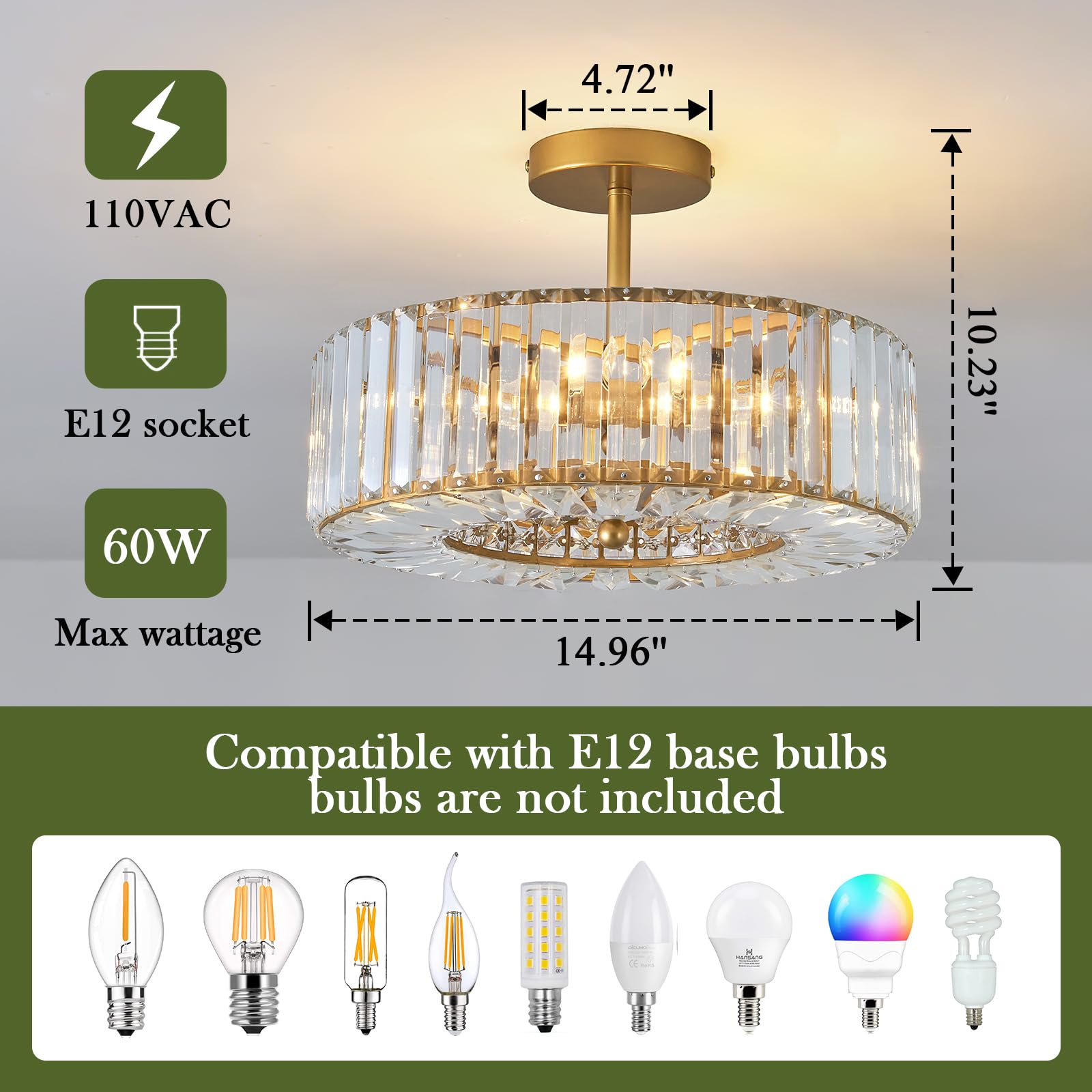 Piepooye Modern Crystal Chandelier, Gold Semi Flush Mount Fixture, Iron & Crystal, R-1230 for Dining Room, Living Room, Bedroom, Kitchen