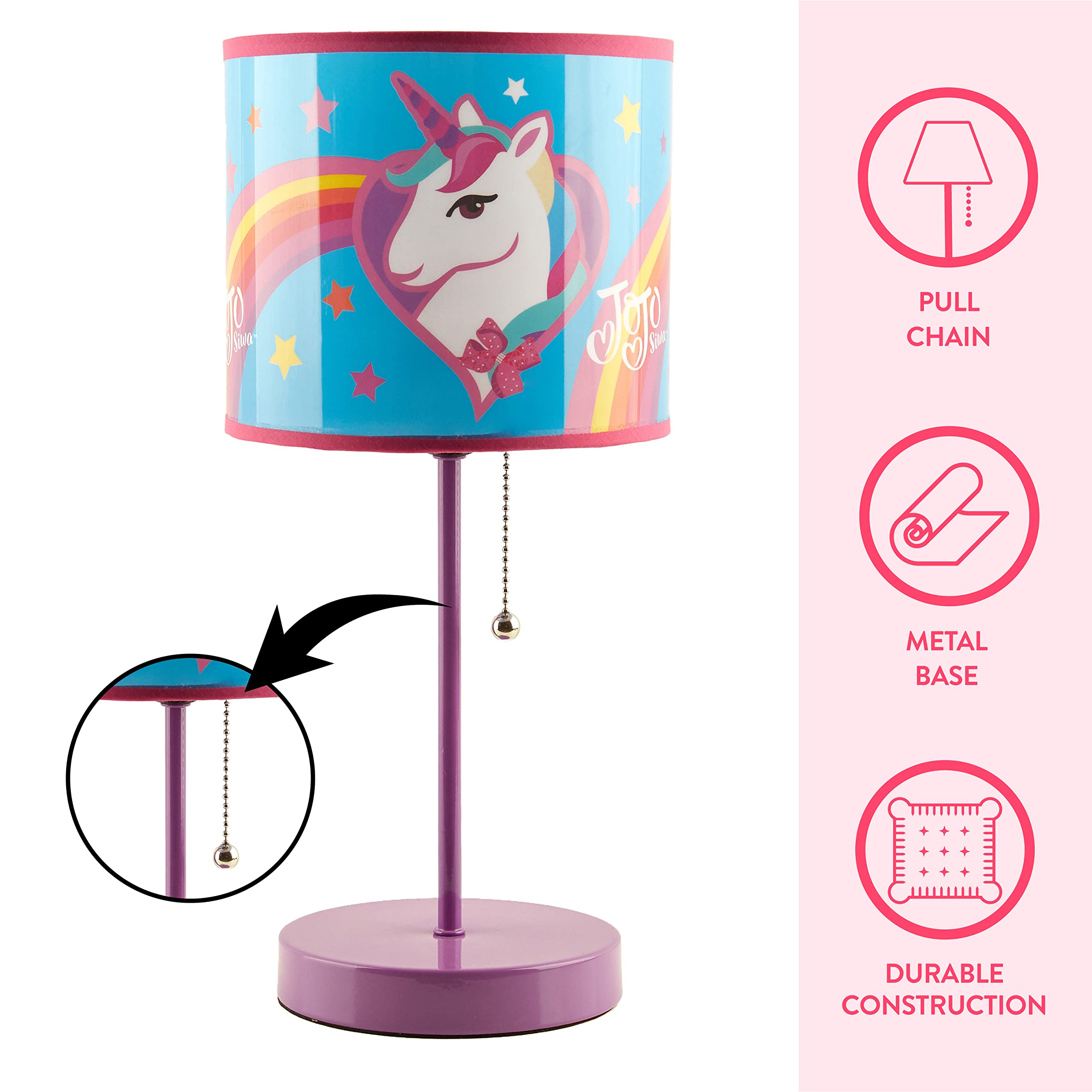Idea Nuova Jojo Siwa Unicorn Stick Table Kids Lamp Metal With Pull Chain, Themed Printed Decorative Shade