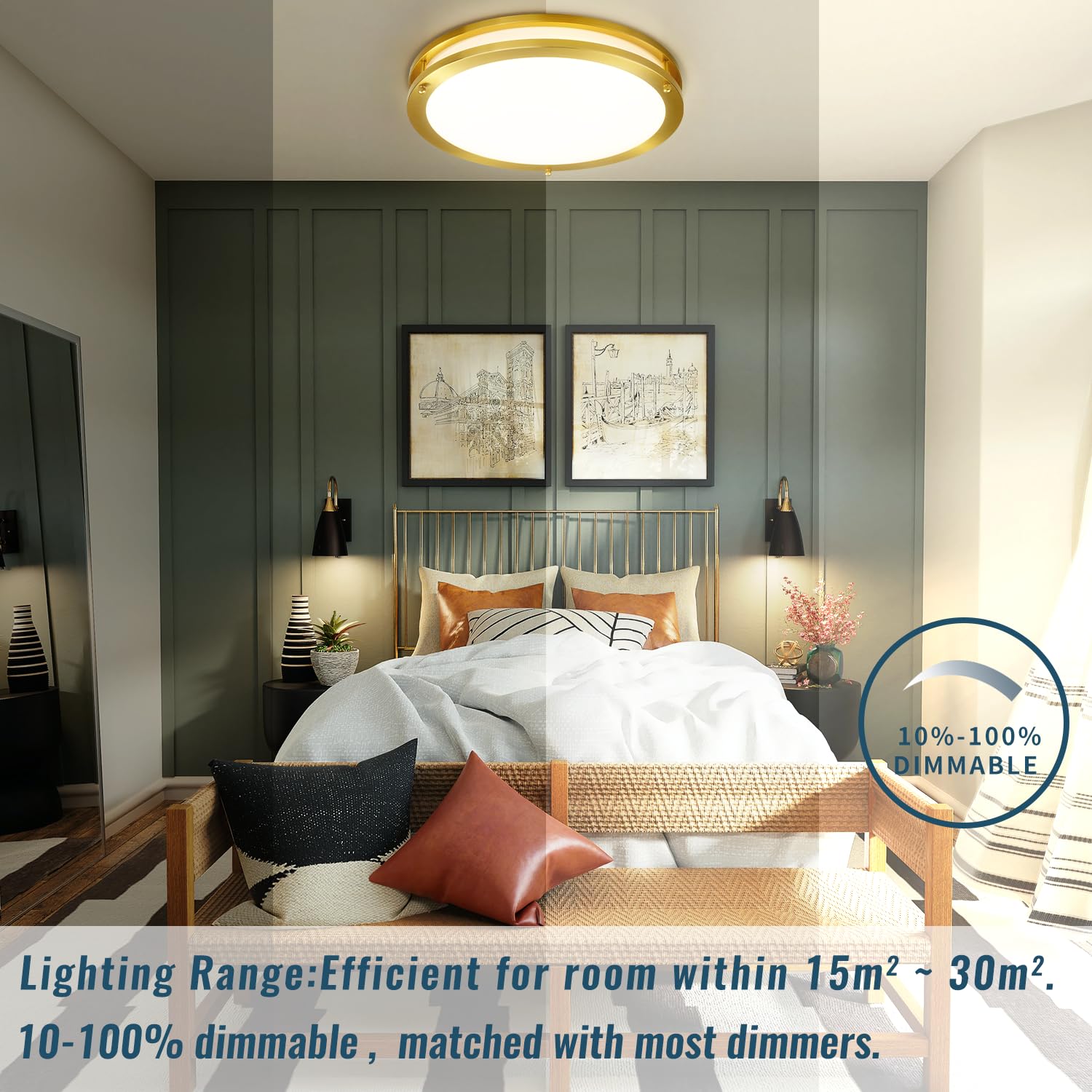 Wheatronic Gold Ceiling Light Fixture Flush Mount Led,16 Inch Kitchen Lighting Fixtures Ceiling Mount 36W, Dimmable Close To Cei