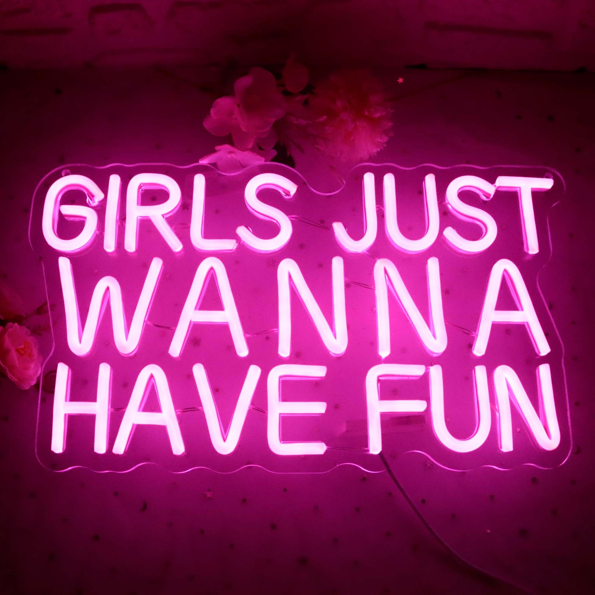 Dracey LED Neon Sign - Girls Just Wanna Have Fun, 8.4x14.9in Acrylic Wall Decor, Pink Retro Light for Bedroom, Wedding, Party