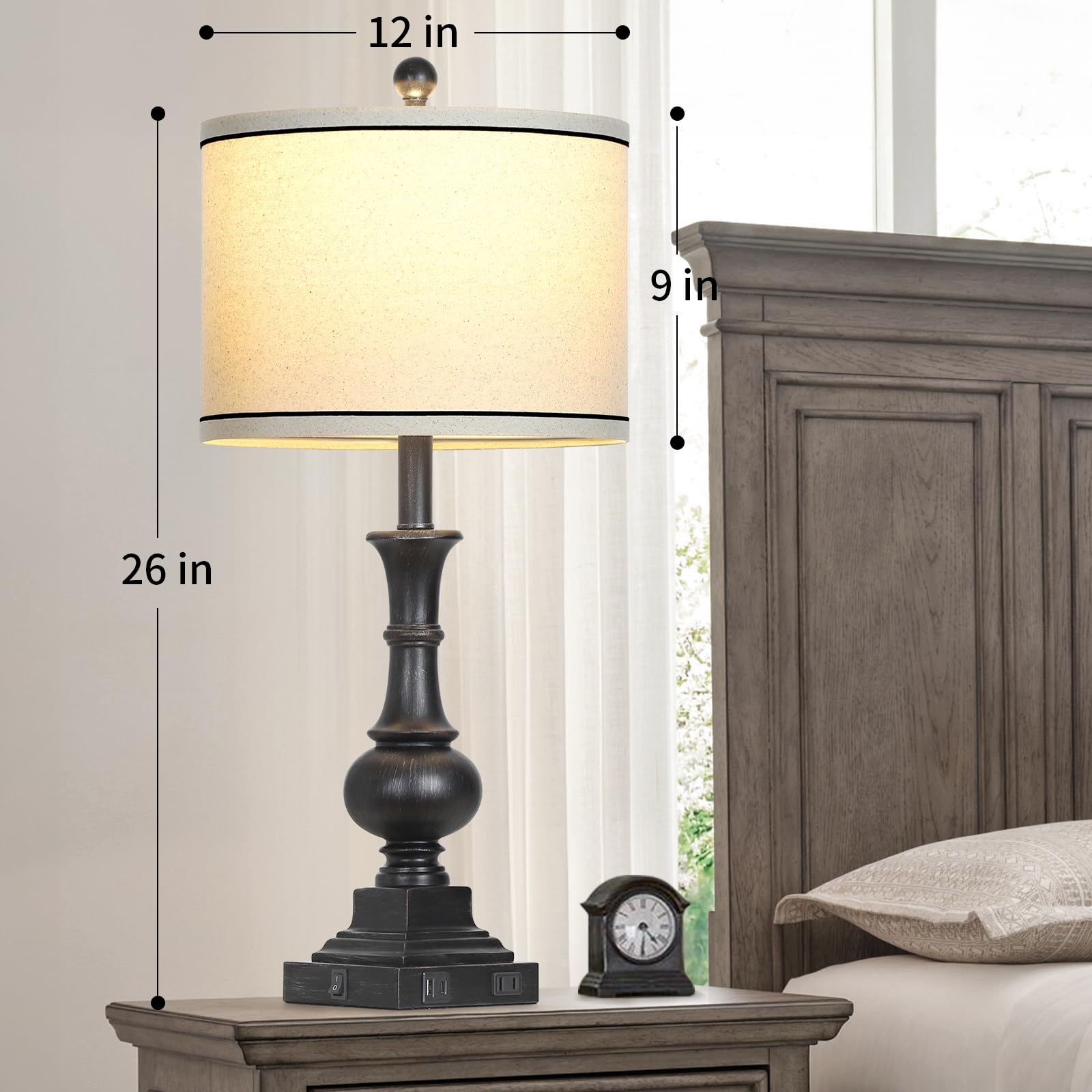 Farmhouse Lamps Set Of 2, Antique Vintage Rustic Touch Control Table Lamps With Usb A+C Ports & Ac Outlet, Retro Classic Bedside