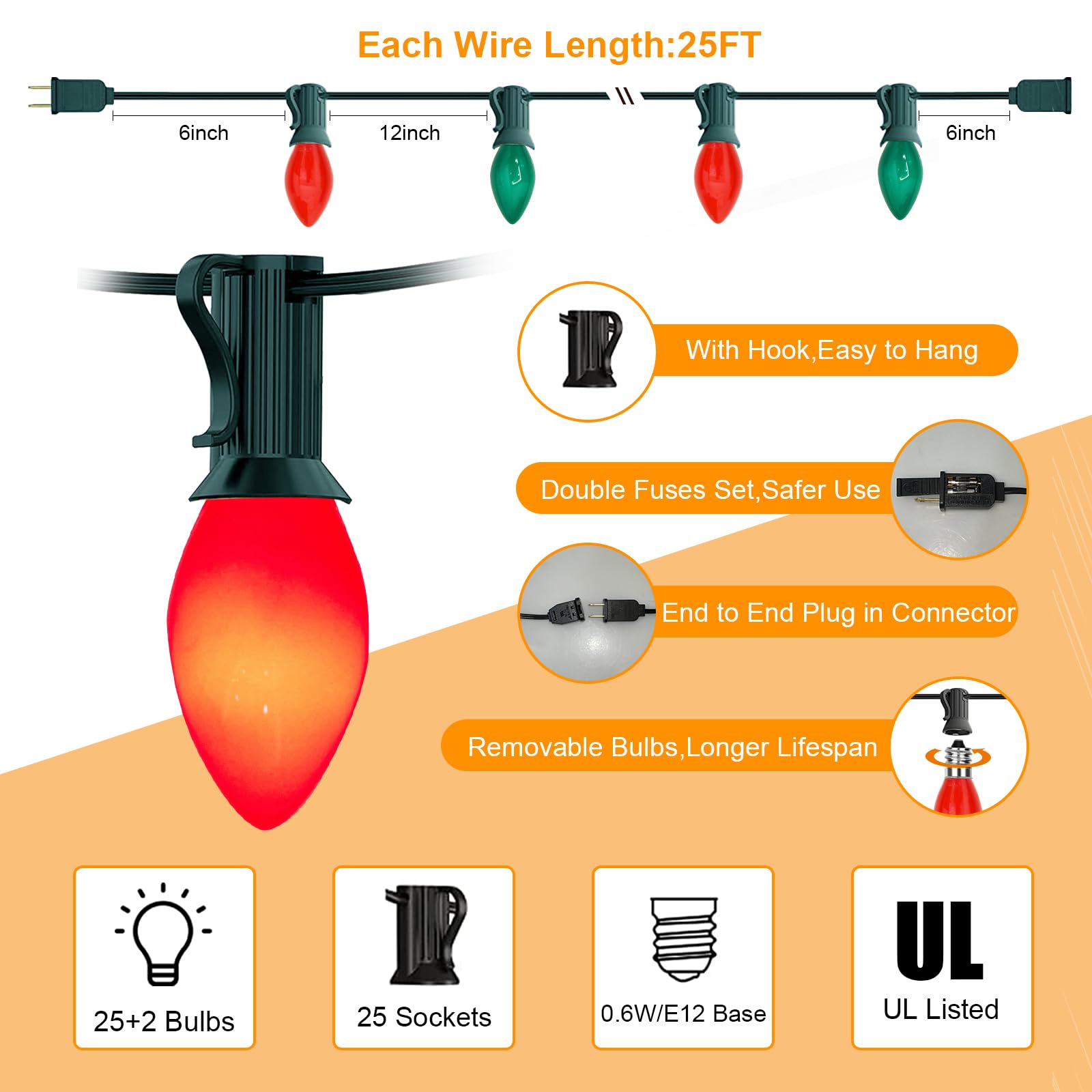 C7 Led Christmas Lights, 25Ft Outdoor Multicolor String Lights With 27 Red Green Led Bulbs, Connectable Indoor Outdoor Christmas