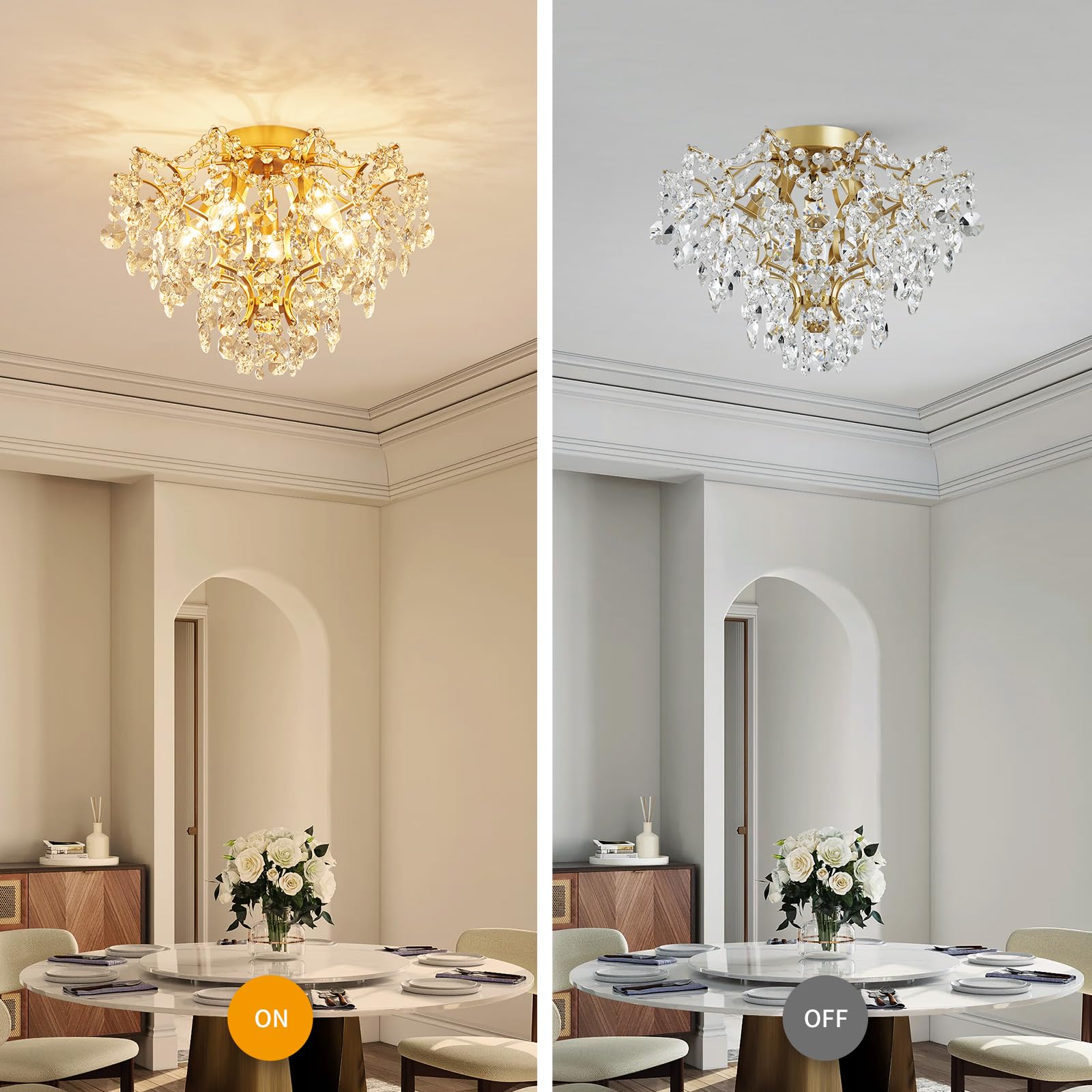 WUZUPS 5-Light Crystal Chandelier Flushmount Ceiling Light, 12" High, 15.4" Wide, Gold, Metal, Model EUHD-5511501GD