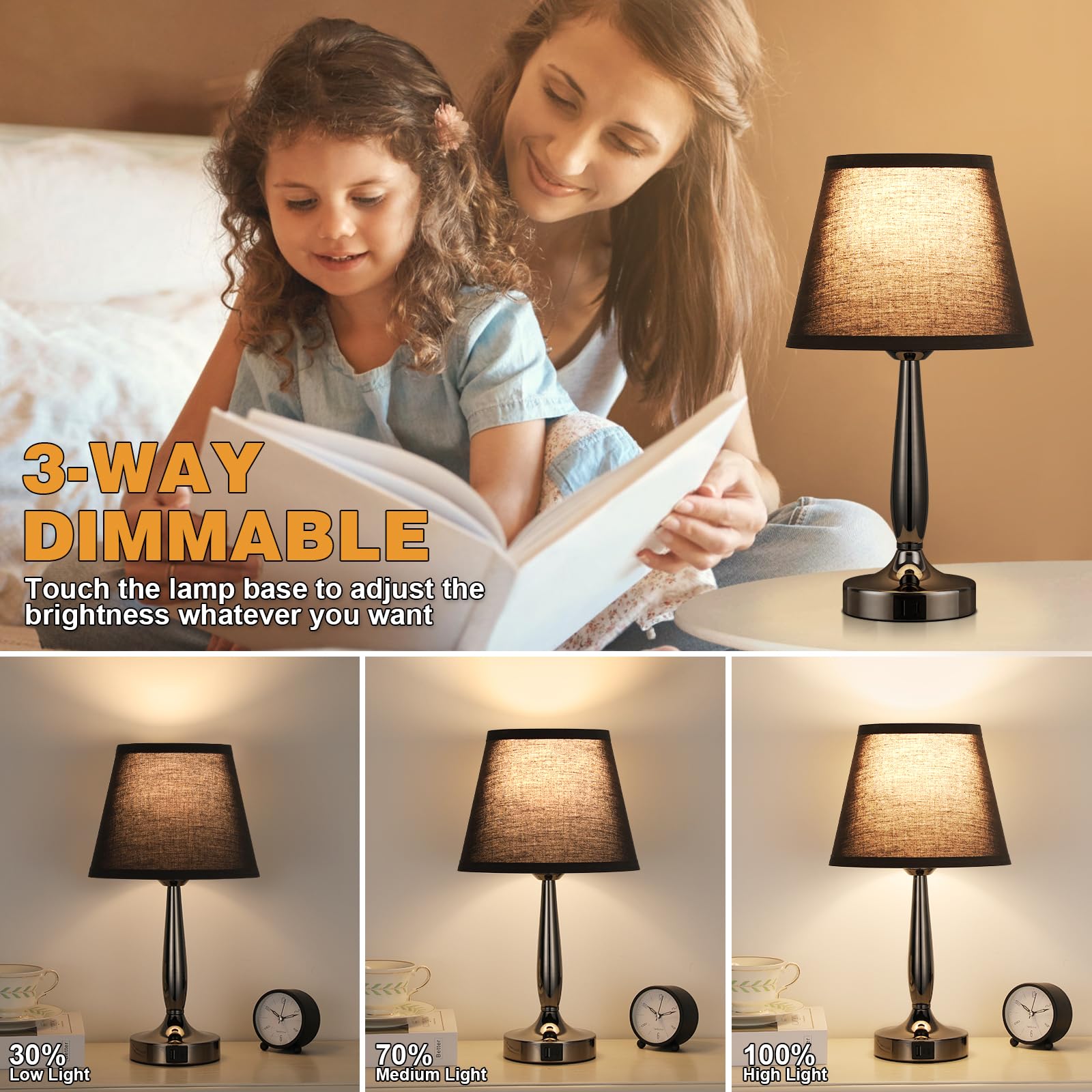 Kakanuo Touch Bedside Lamp - 3-Way Dimmable Nightstand Lamp with 2 USB Ports, Black, LED Bulb Included, 1 Pack