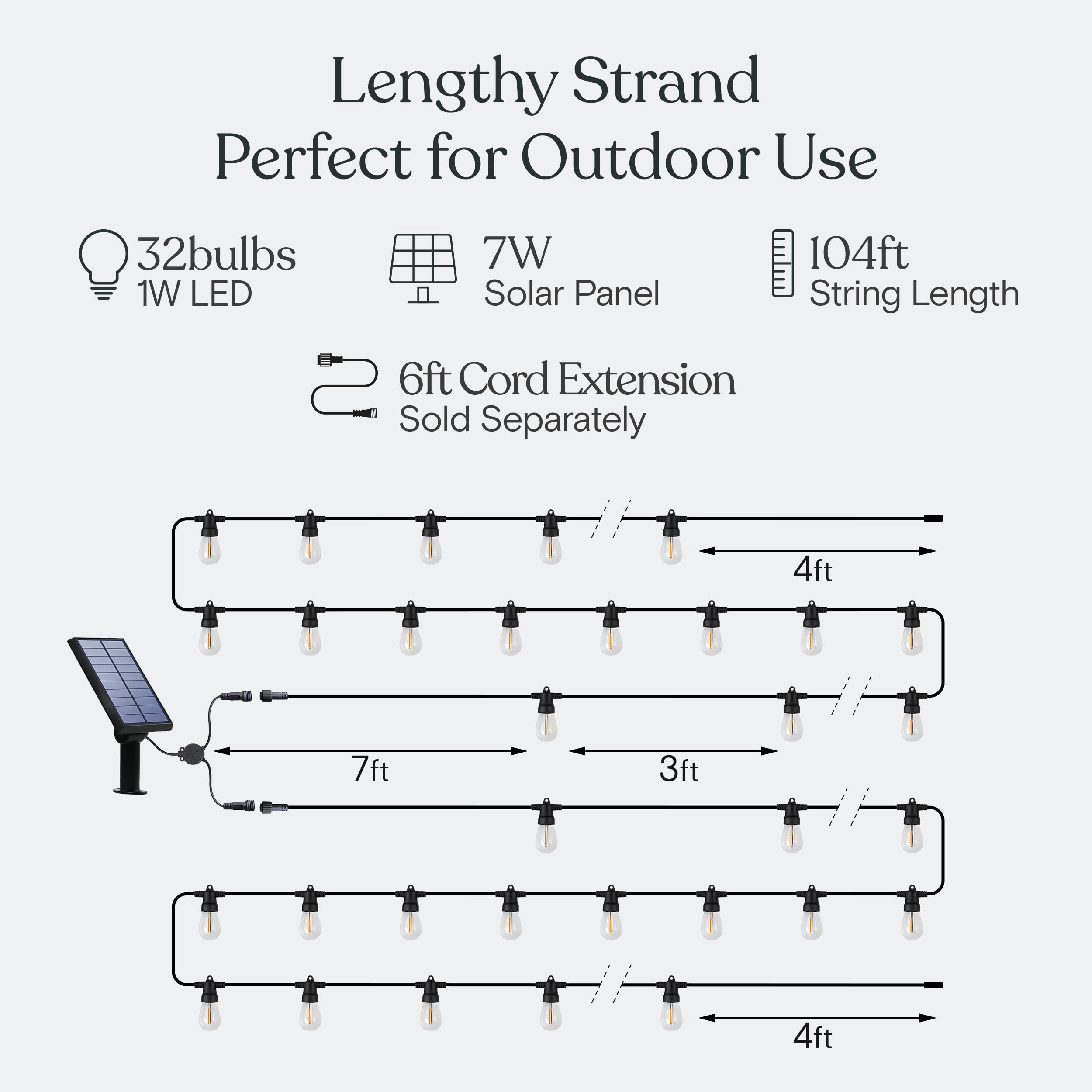 Brightech 104 (93+11) Ft Ambience Pro Solar Powered Outdoor Led String Lights - Waterproof Remote Control Lights - 32 Bulbs, 7W