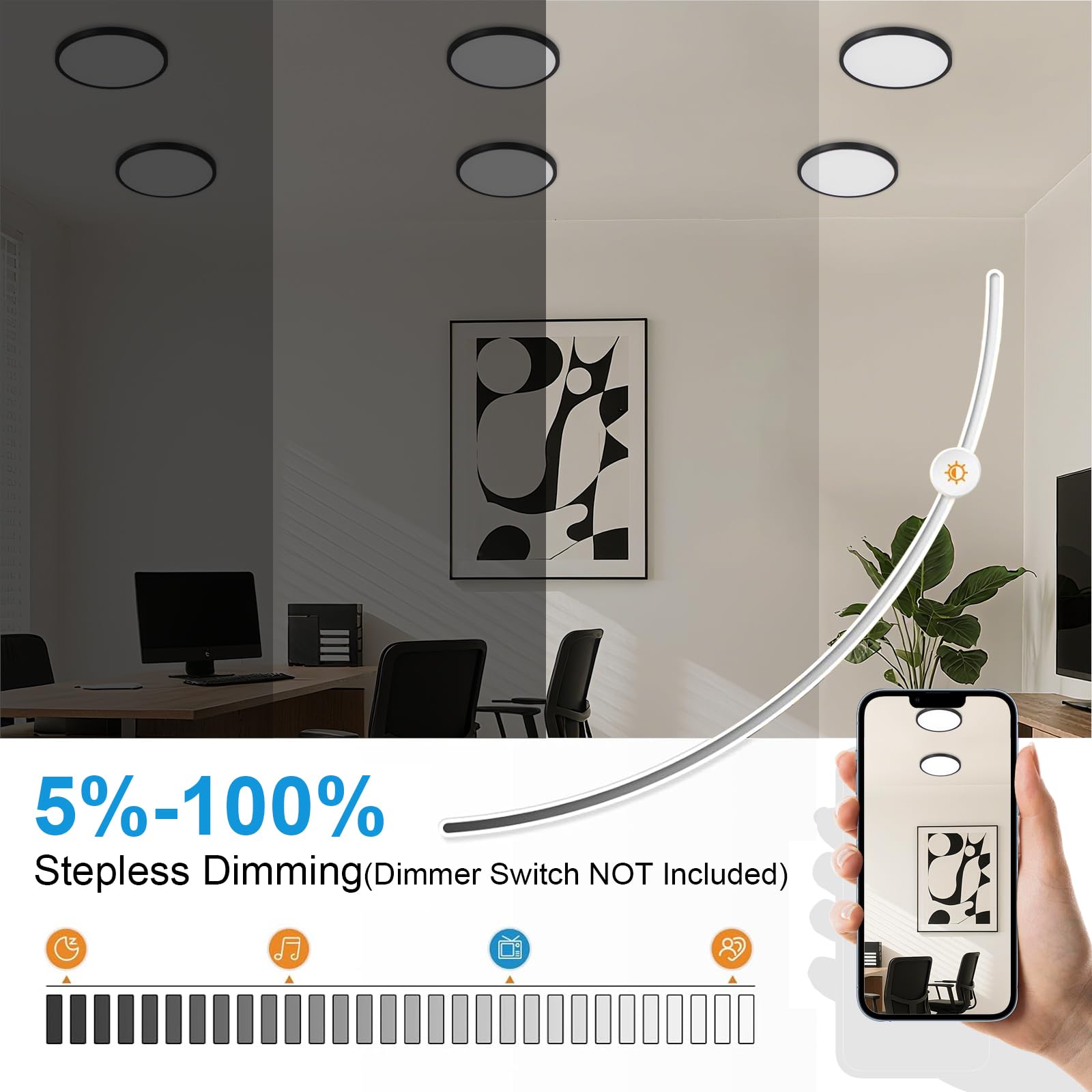 DINGLILIGHTING 4Pack LED Flush Mount Ceiling Light 12in Dimmable 5CCT 24W Black