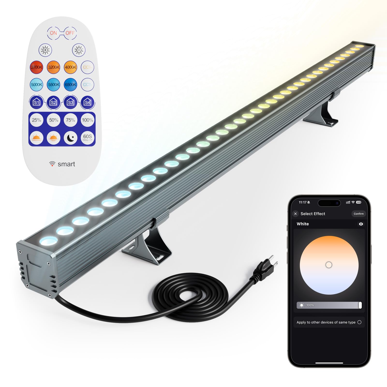 Yasotek Smart Wall Washer Lights Adjustable Color Temperature 2700K-6500K,72W 9600lm 1%-100% Brightness Dimmable LED Bar Light A
