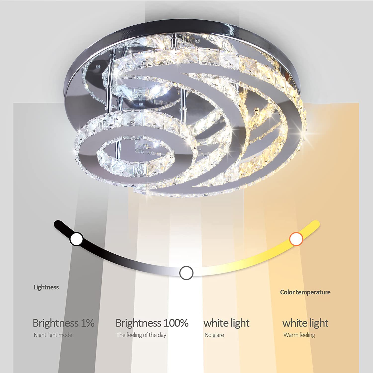 CXGLEAMING Modern Crystal Chandelier LED Flush Mount Light Fixture 15.7in Dimmable Moon Shape Stainless Steel Dimmable-moon Model CX-MC013-KB