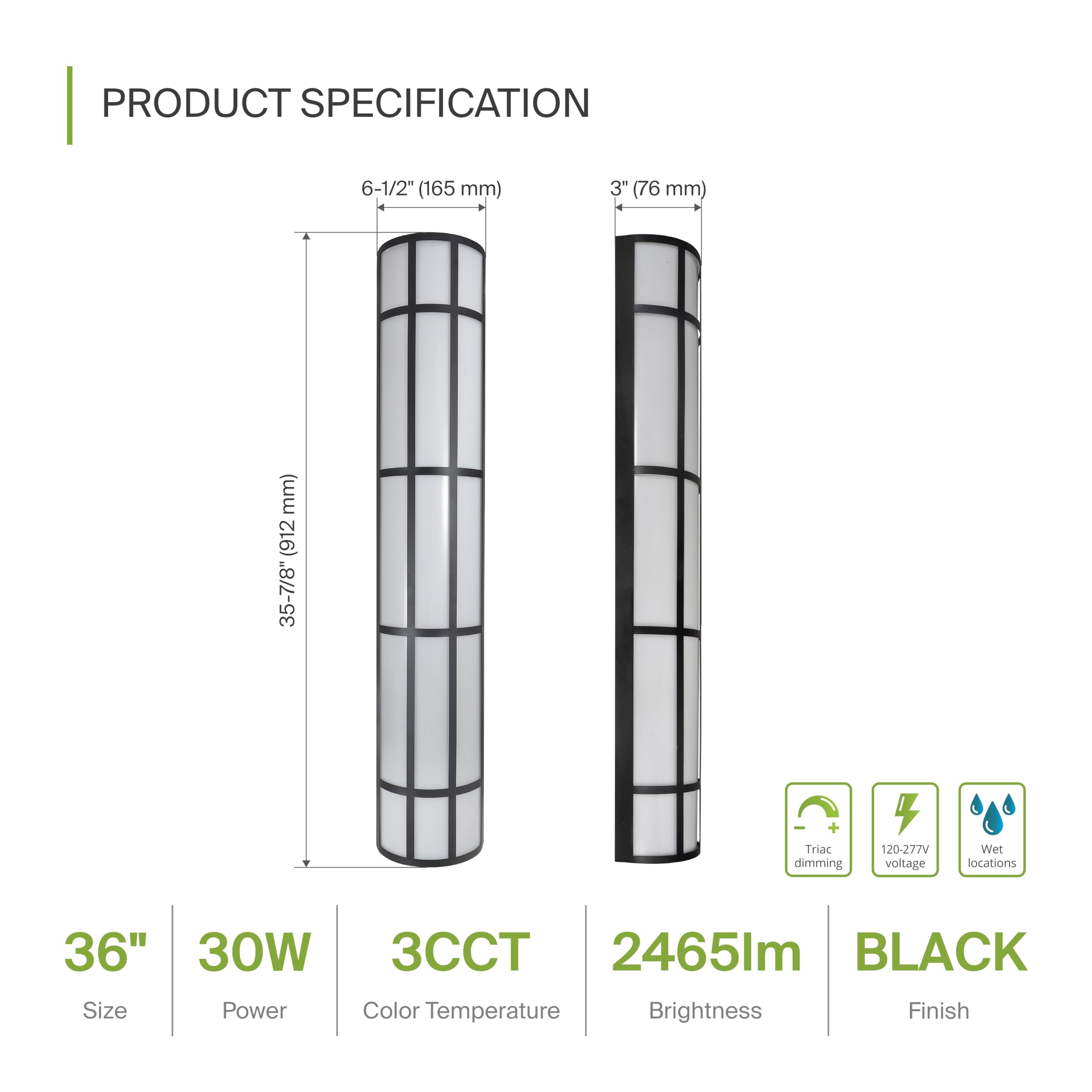 Asd 36 Inch Led Outdoor Wall Mount Light Fixture With Grid - Matte Black Modern Wall Sconce - 30W 120-277V 3000K 4000K 5000K Adj