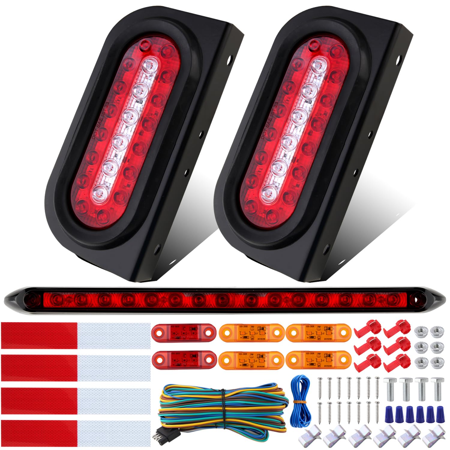Partswcgg 6 Oval Led Trailer Tail Lights Kit w/Mounting Brackets 2Pcs 6 Oval Led Stop Turn Brake Tail Backup Reverse Lights w/13.8 Led Trailer Light Bar/Mini Markers/25ft Wiring Harness 5-Pin