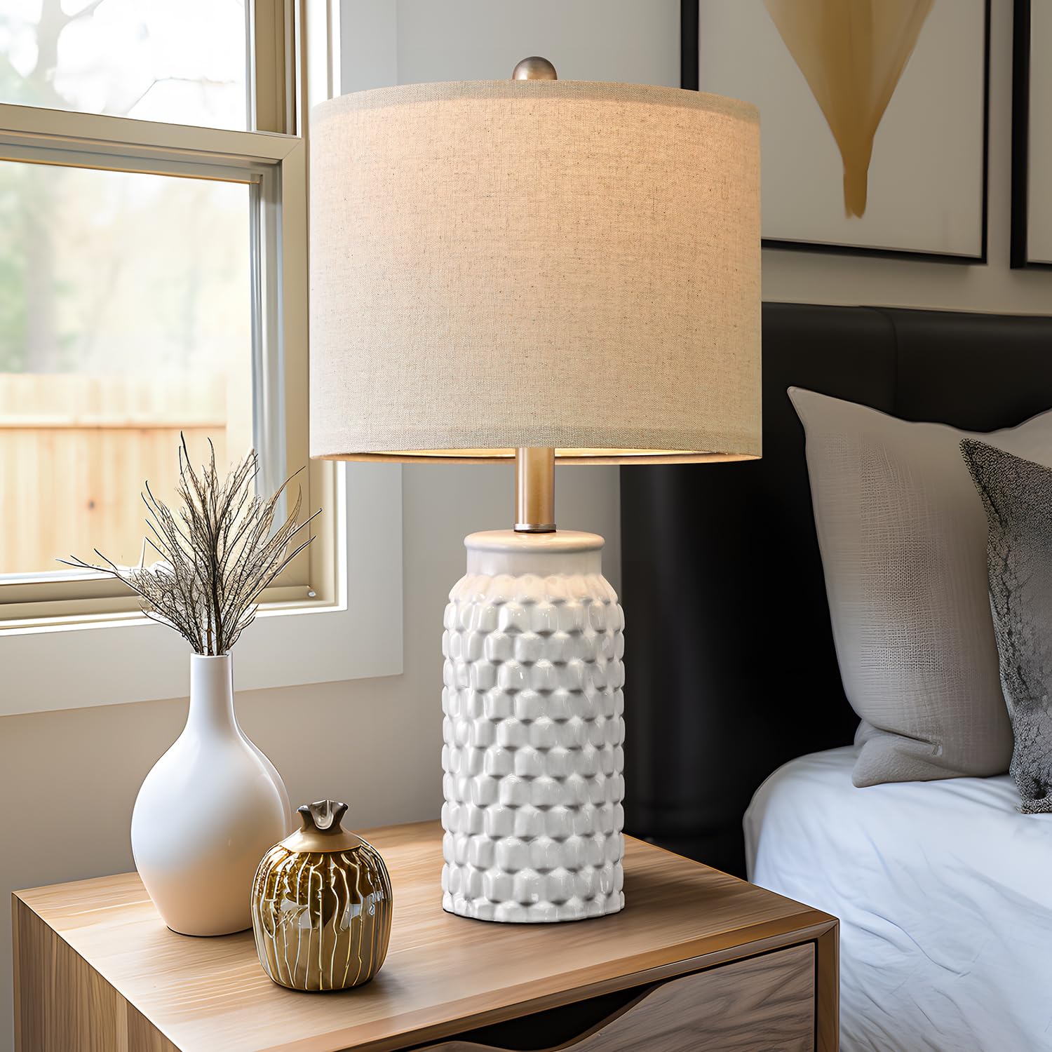 USumkky 20.5" White Modern Ceramic Bedside Lamp Set of 2 for Bedroom and Living Room Decor, Model YM-AMZ-T1092WH-New