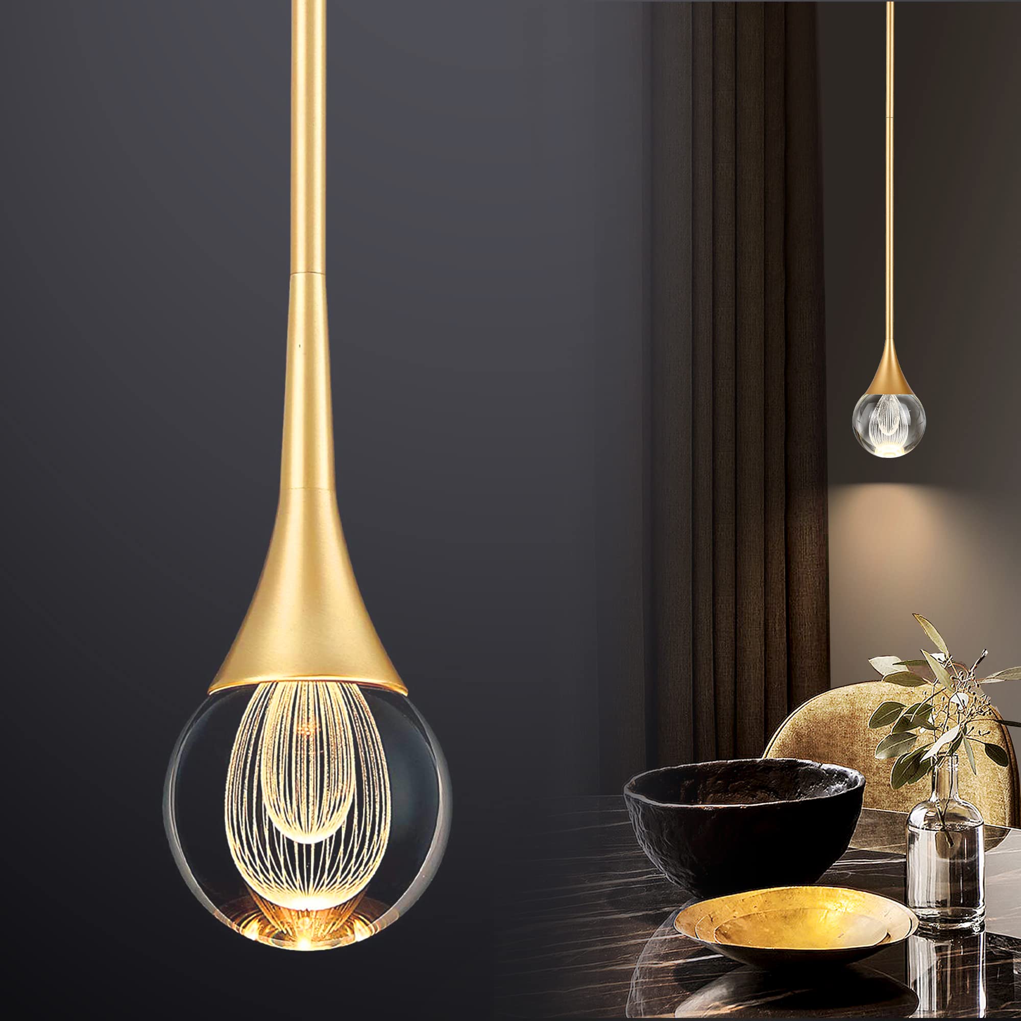 EANLOLY 1-Light Teardrop Crystal Pendant Light, Brass Gold Globe Ceiling Hanging Light Fxitures, LED Raindrop Light Fixtures Met