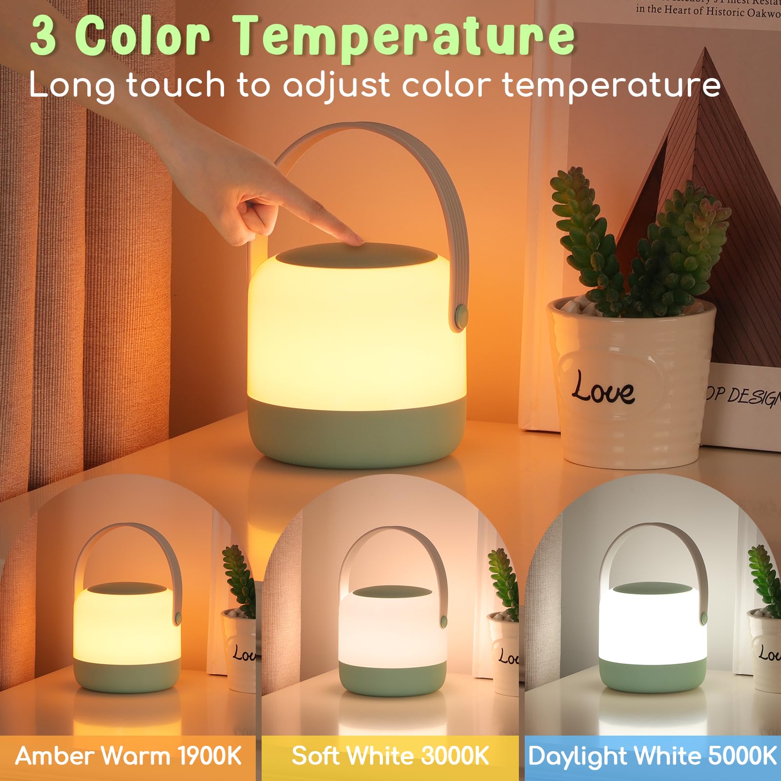 Folksmate Portable Night Light, 3 Color Bpa Free Green Nursery Cordless Touch Table Lamp For Baby, Kids And Adults, Rechargeable