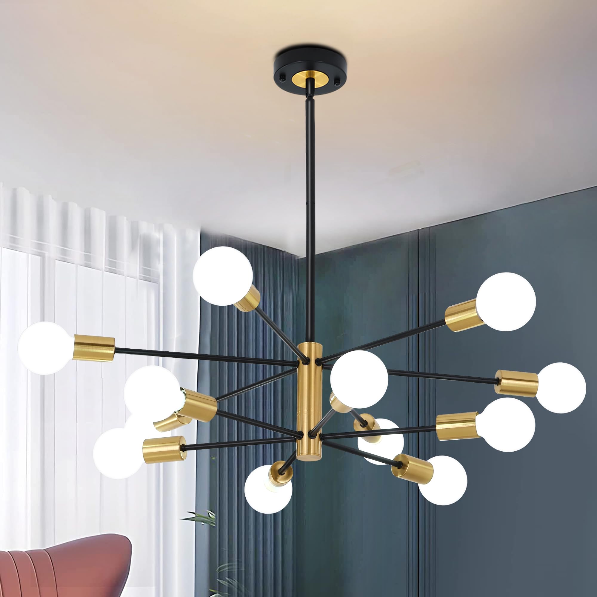 Humhold 12-Light Modern Sputnik Chandelier, Mid Century Black Gold Ceiling Chandeliers,E26 Base,Branch Height Adjustable Pendant Lighting Fixture For Kitchen Island Dining Room Living Room Bedroom